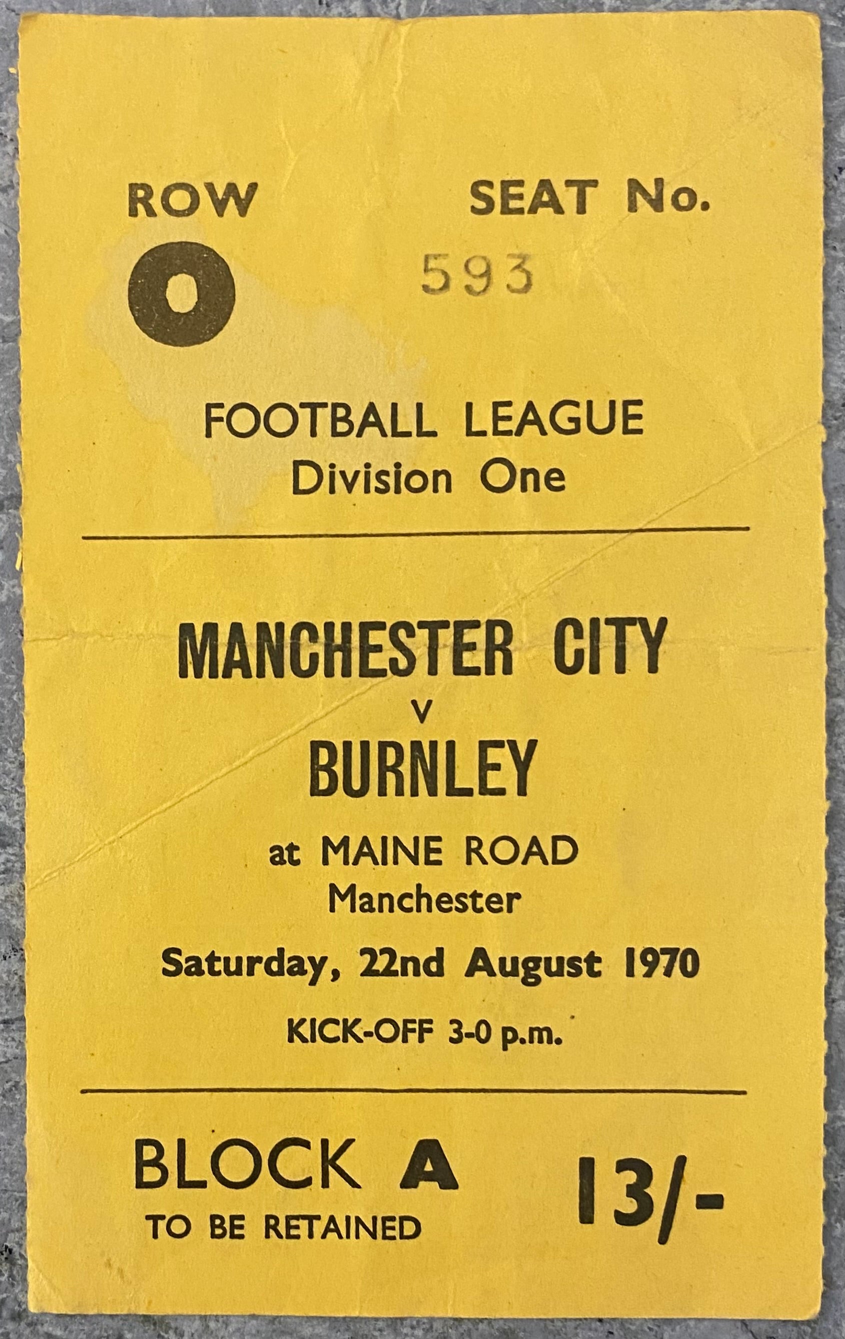 1970/71 ORIGINAL DIVISION 1 TICKET MANCHESTER CITY V BURNLEY