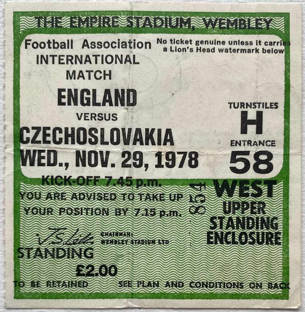 1978 ORIGINAL INTERNATIONAL TICKET ENGLAND V CZECHOSLOVAKIA