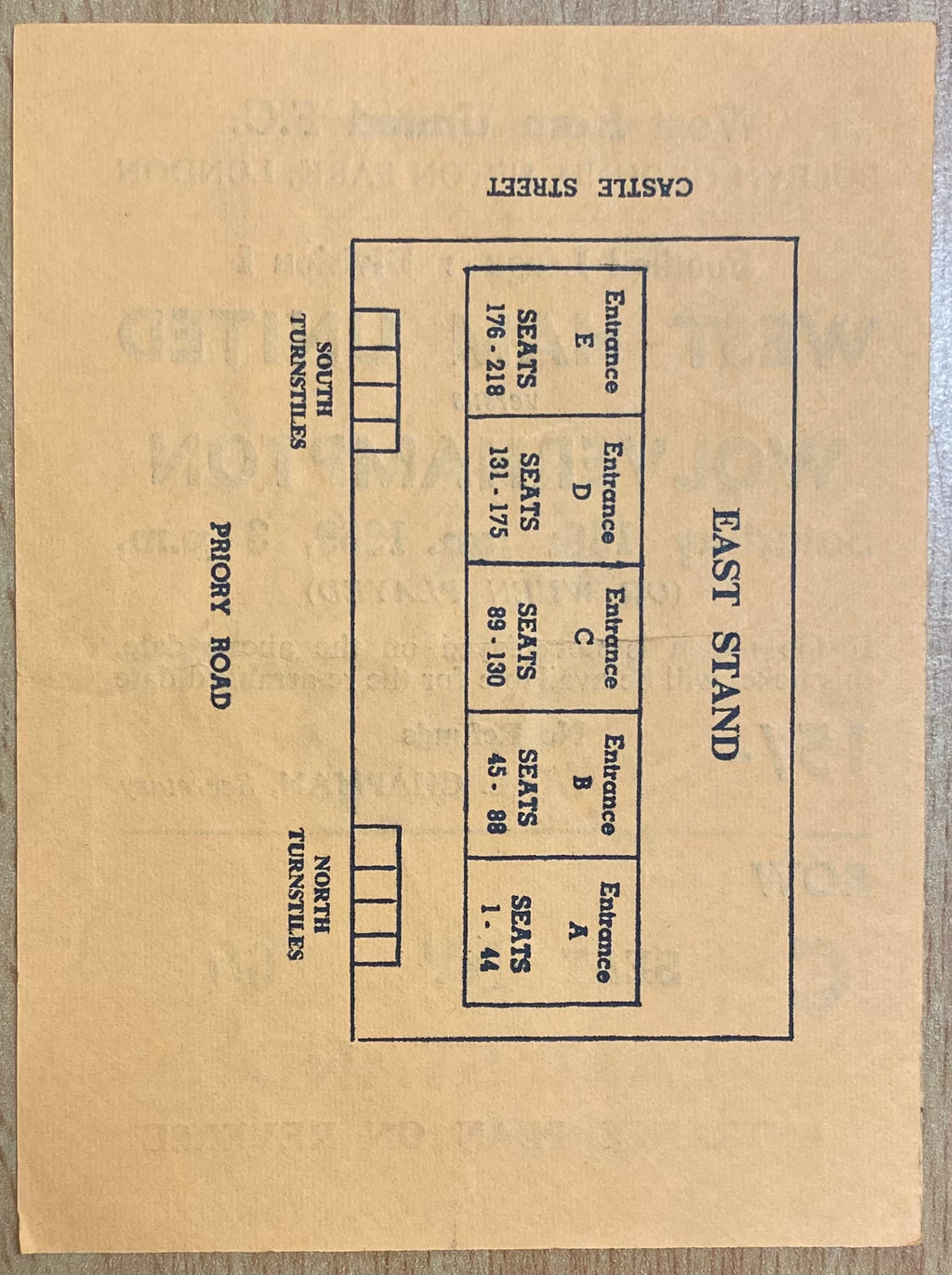 1968/69 ORIGINAL DIVISION 1 TICKET WEST HAM UNITED V WOLVERHAMPTON WANDERERS