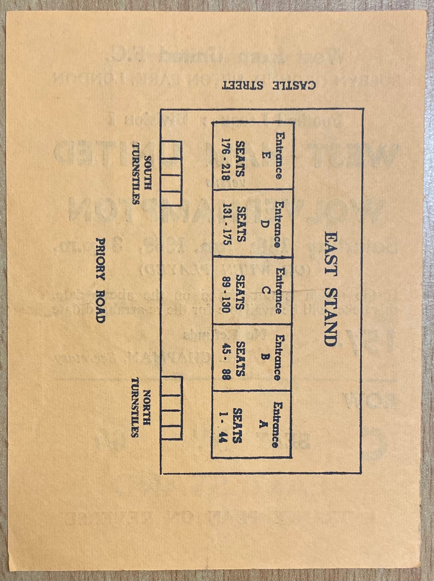 1968/69 ORIGINAL DIVISION 1 TICKET WEST HAM UNITED V WOLVERHAMPTON WANDERERS