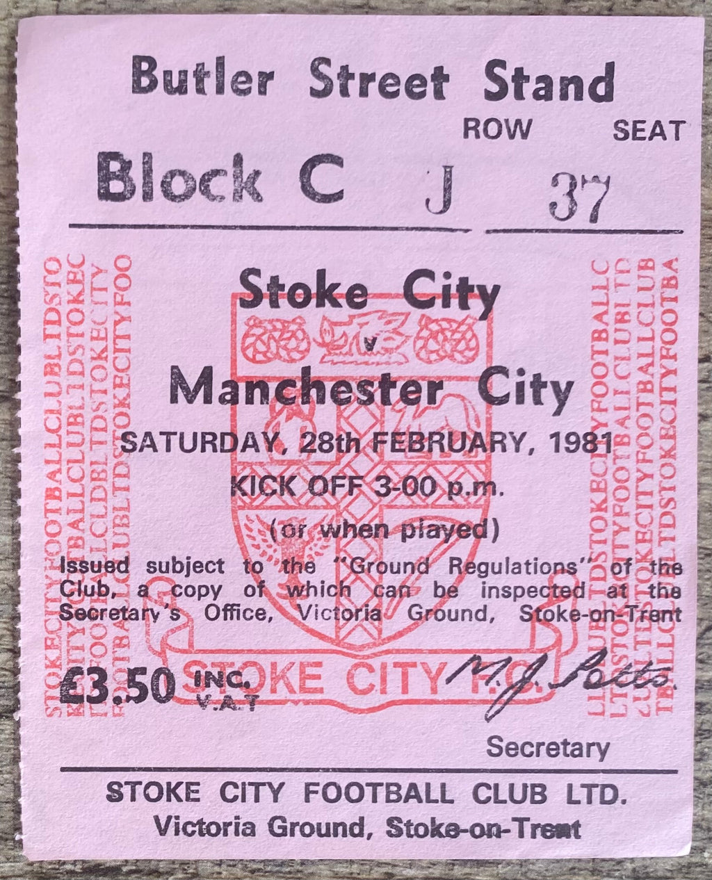 1981/82 ORIGINAL DIVISION 1 TICKET STOKE CITY V MANCHESTER CITY