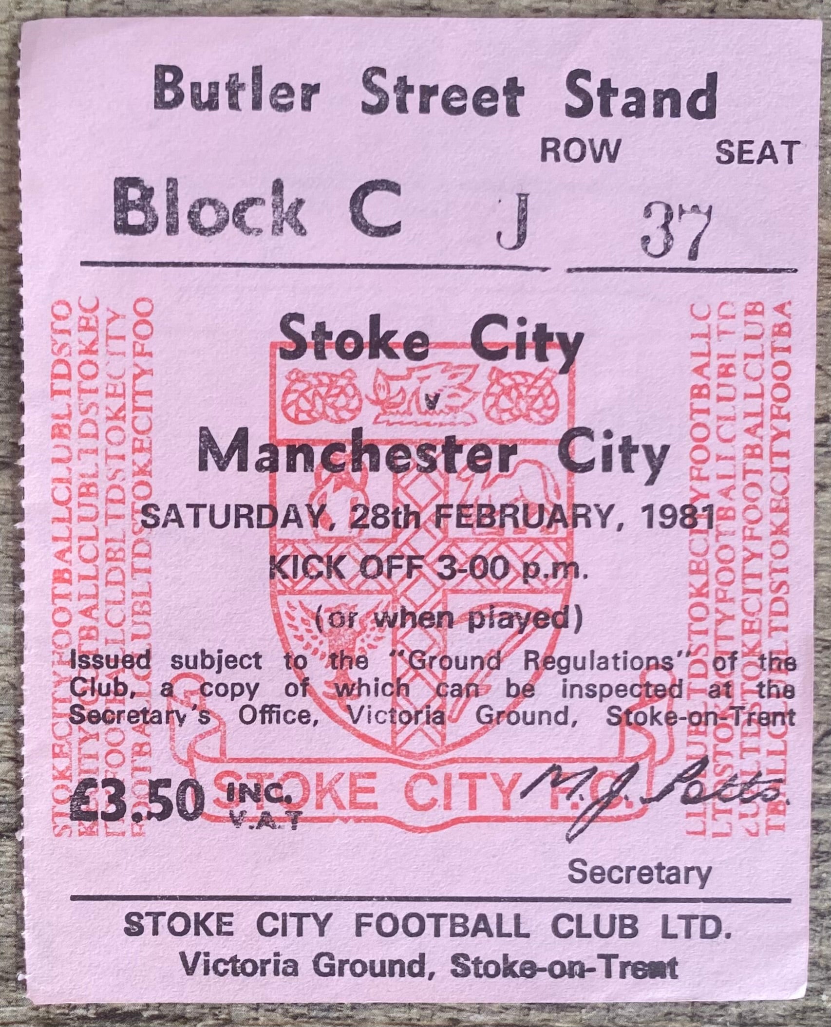 1981/82 ORIGINAL DIVISION 1 TICKET STOKE CITY V MANCHESTER CITY