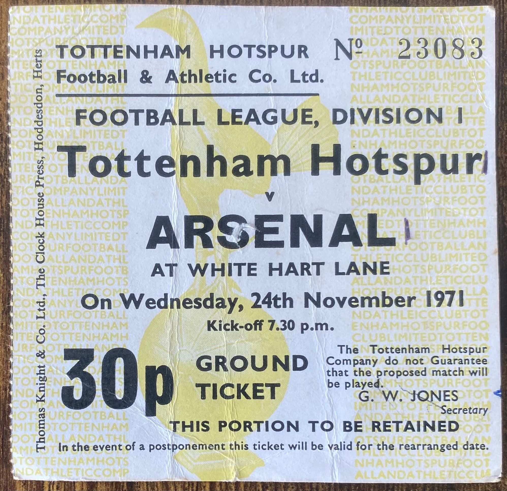 1971/72 ORIGINAL DIVISION ONE TICKET TOTTENHAM HOTSPUR V ARSENAL
