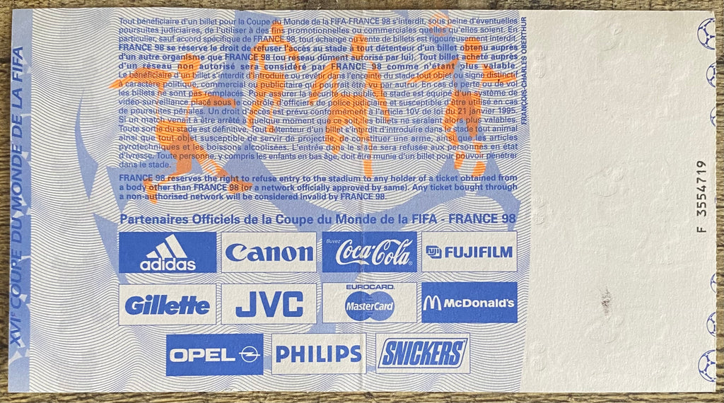 1998 ORIGINAL WORLD CUP 1ST ROUND TICKET ENGLAND V TUNISIA @ MARSIELLE (VIP TICKET PACK)