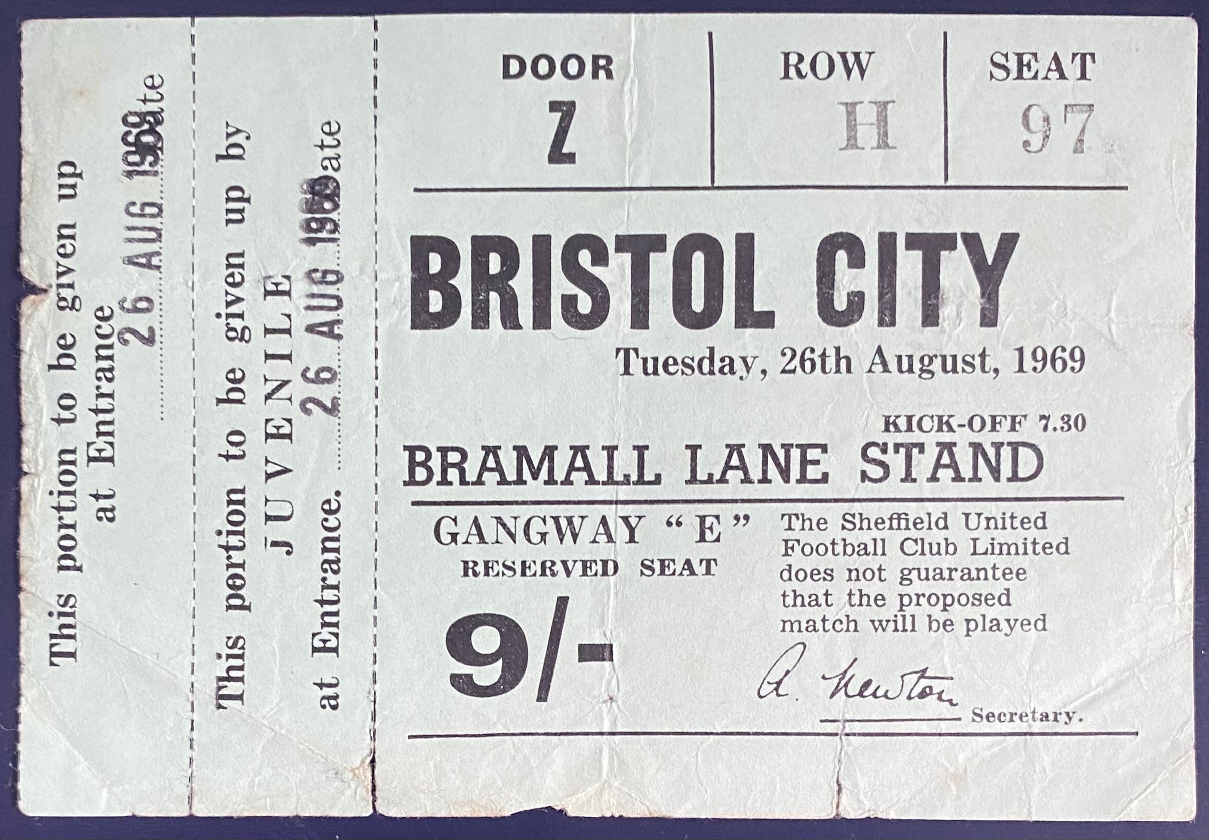 1969/70 ORIGINAL DIVISION 2 UNUSED TICKET SHEFFIELD UNITED V BRISTOL CITY