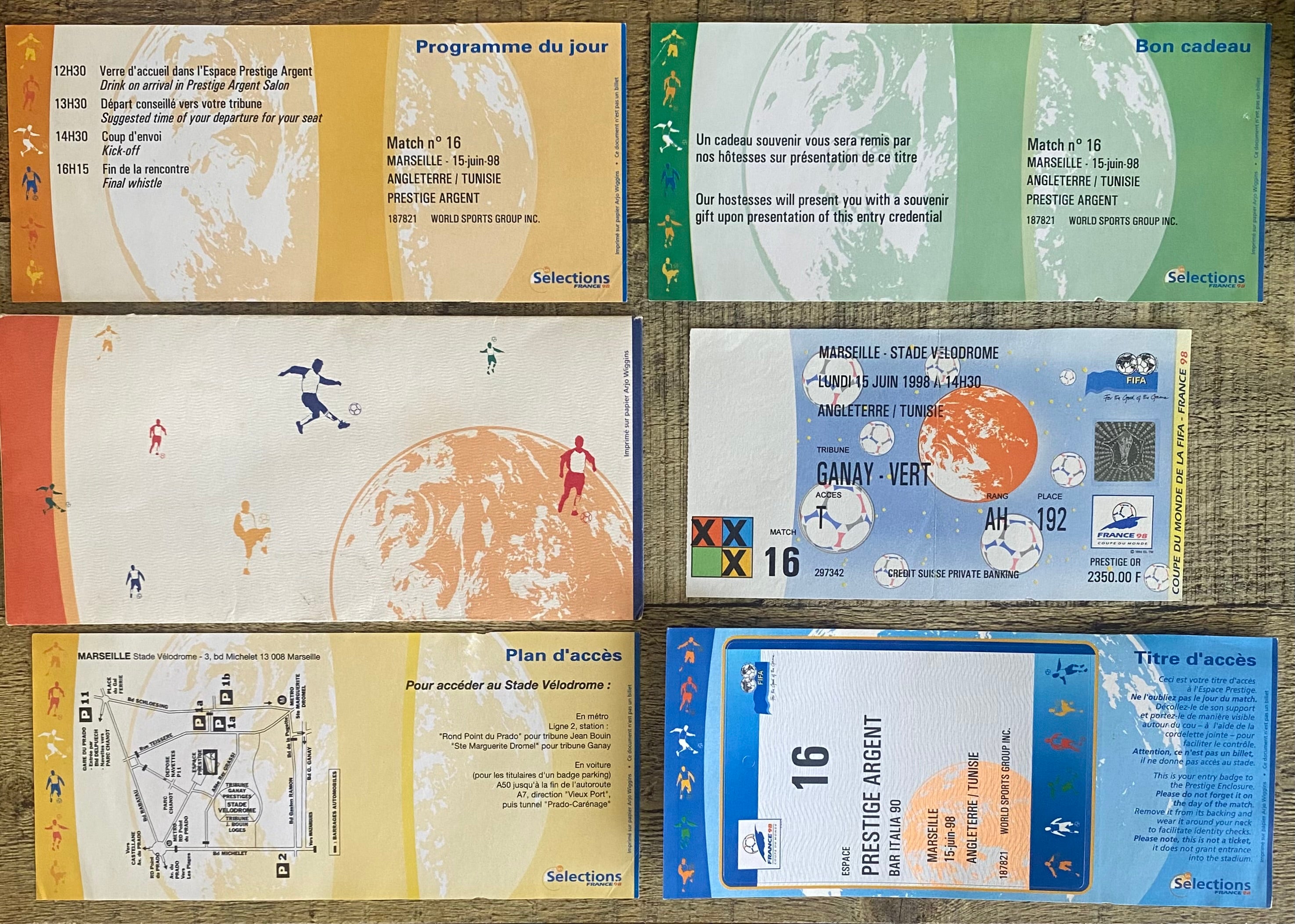 1998 ORIGINAL WORLD CUP 1ST ROUND TICKET ENGLAND V TUNISIA @ MARSIELLE (VIP TICKET PACK)
