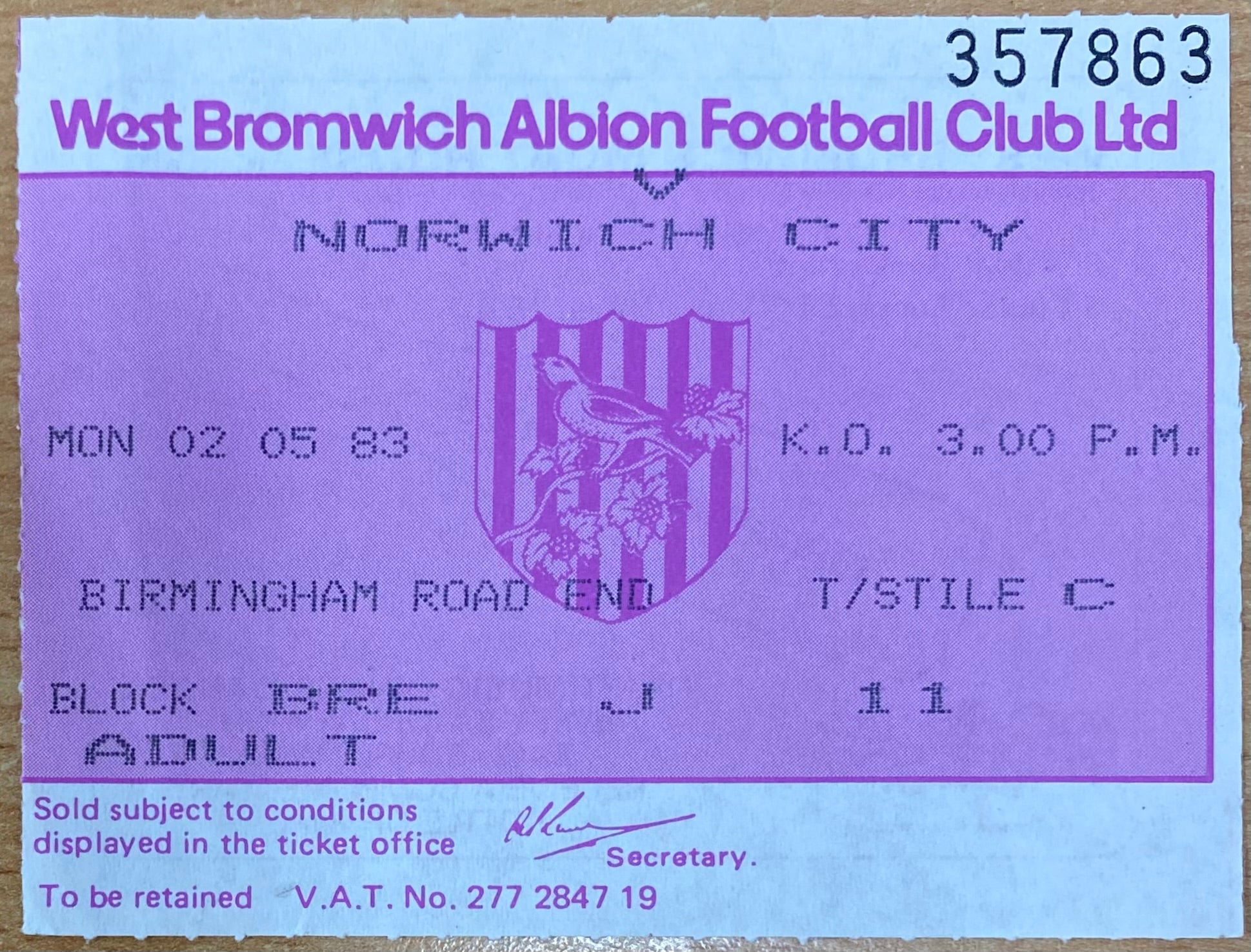 1982/83 ORIGINAL DIVISION 1 TICKET WEST BROMWICH ALBION V NORWICH CITY
