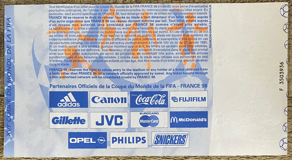 1998 ORIGINAL WORLD CUP 1ST ROUND TICKET NETHERLANDS V BELGIUM @ PARIS