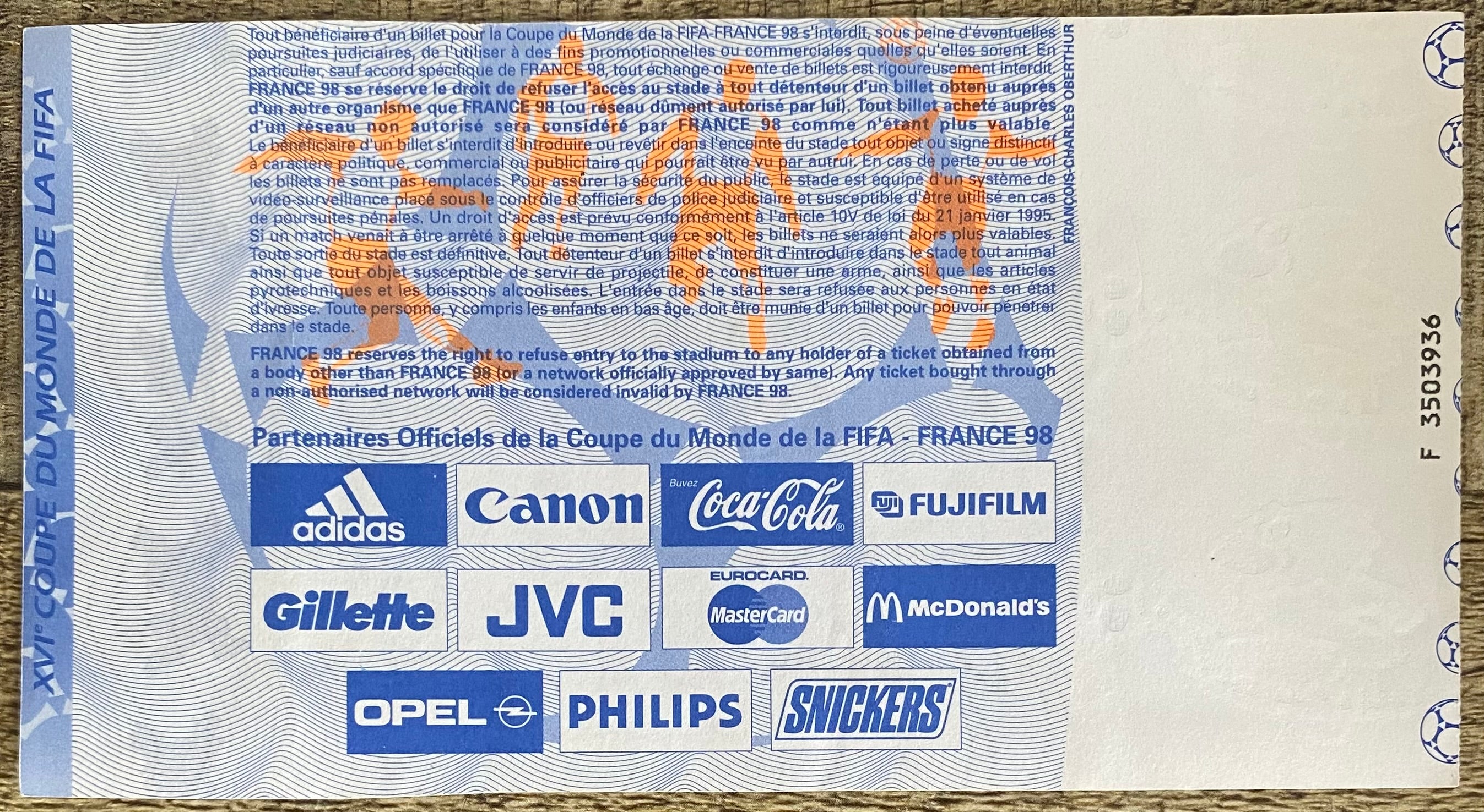 1998 ORIGINAL WORLD CUP 1ST ROUND TICKET NETHERLANDS V BELGIUM @ PARIS