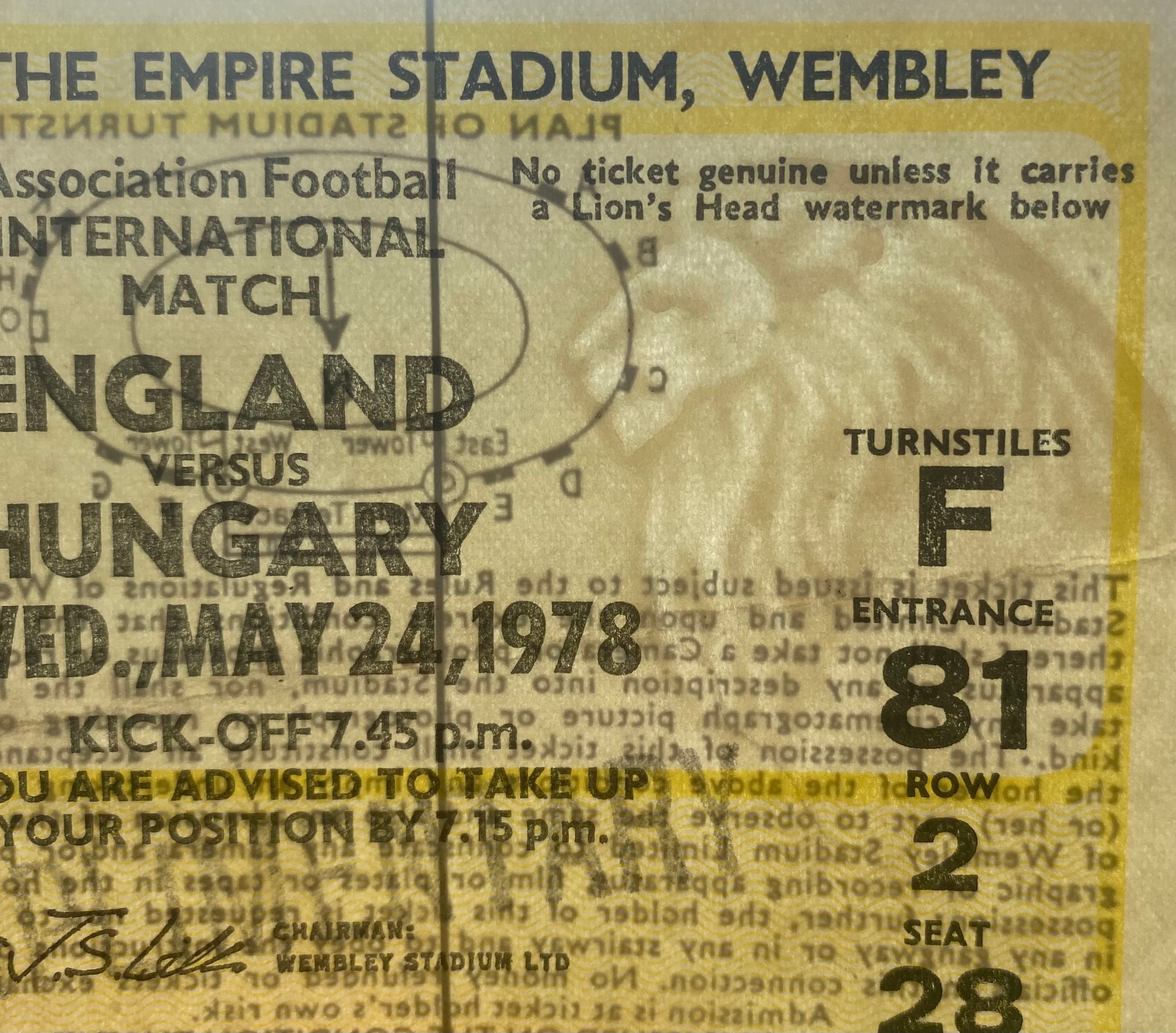 1978 ORIGINAL INTERNATIONAL TICKET ENGLAND V HUNGARY