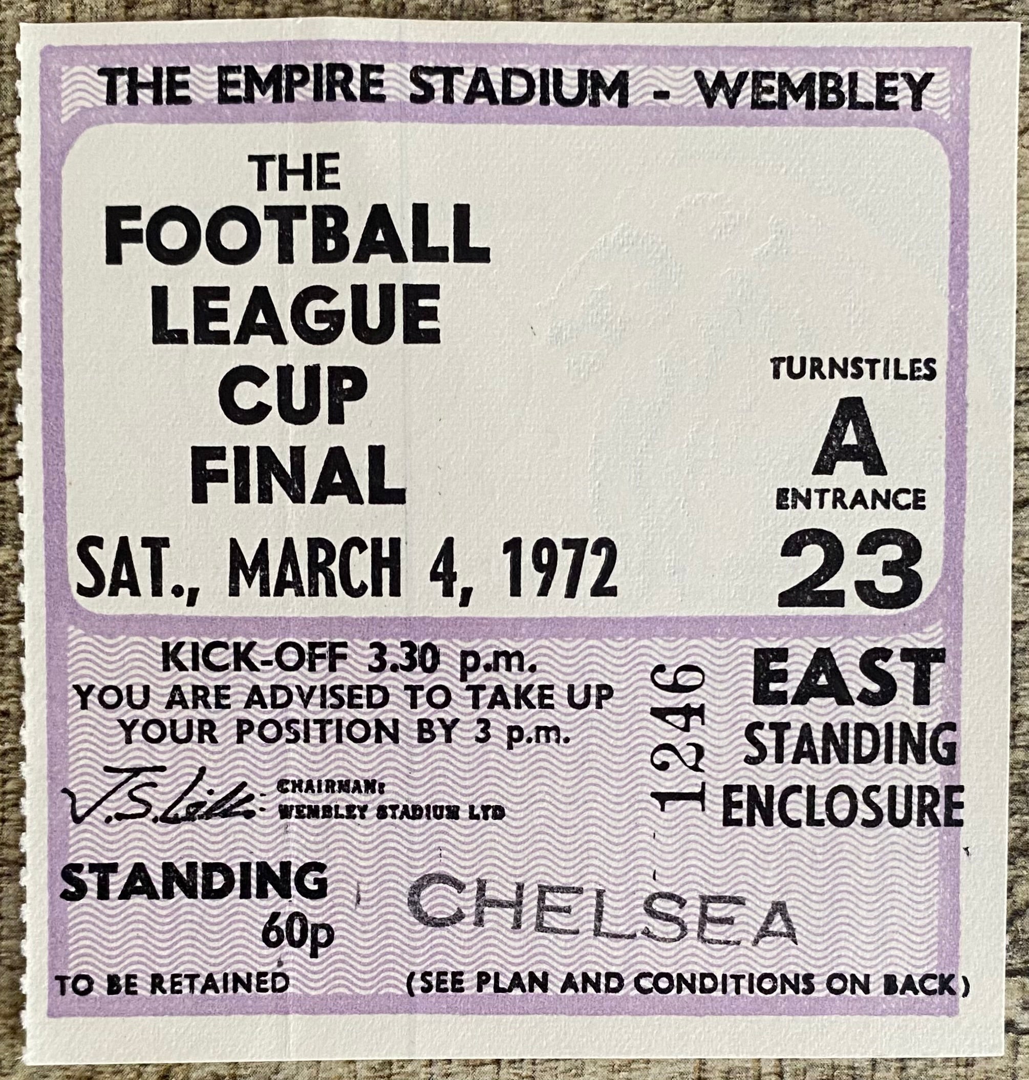 1972 ORIGINAL LEAGUE CUP FINAL TICKET CHELSEA V STOKE CITY
