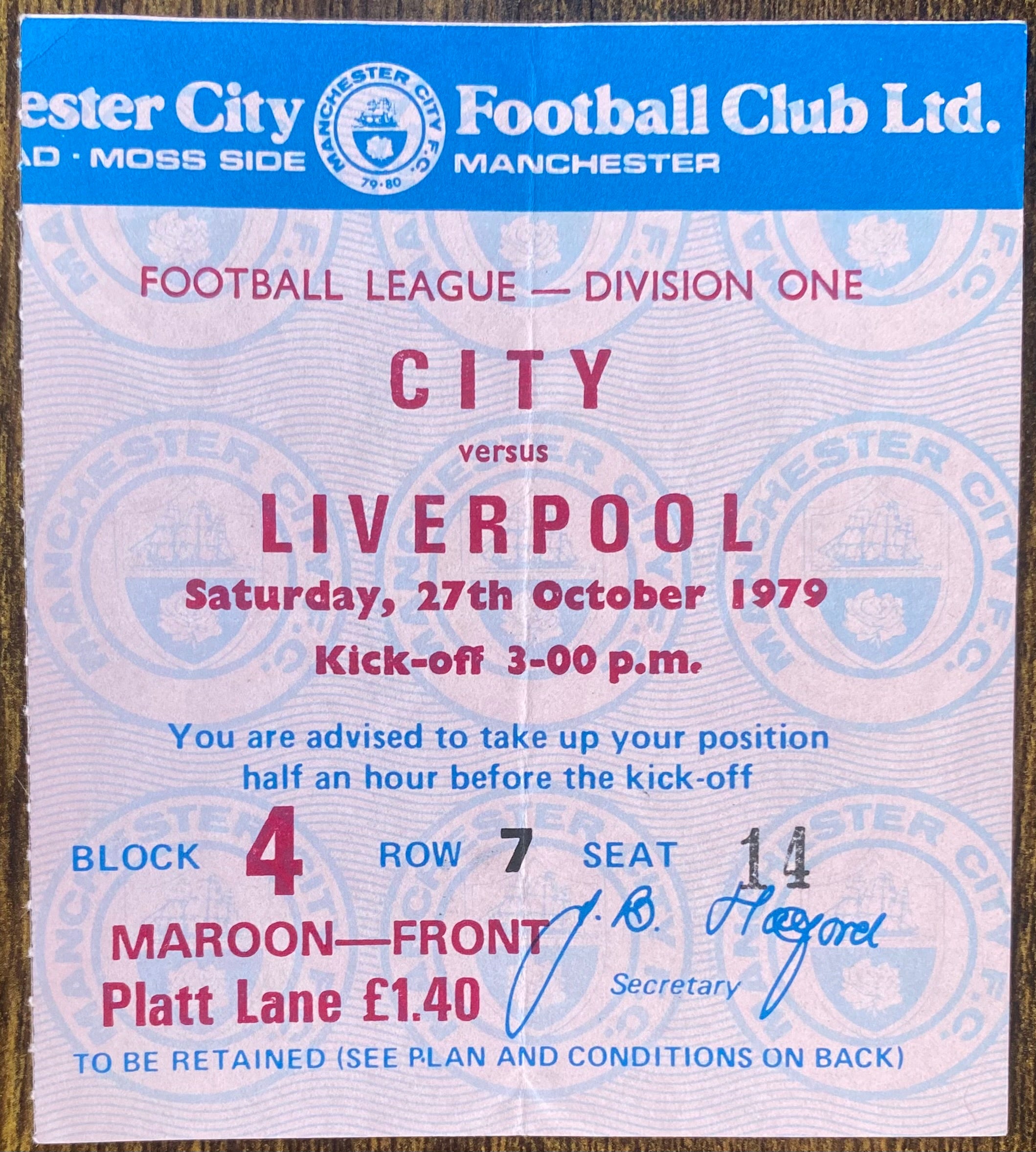 1979/80 ORIGINAL DIVISION 1 TICKET MANCHESTER CITY V LIVERPOOL