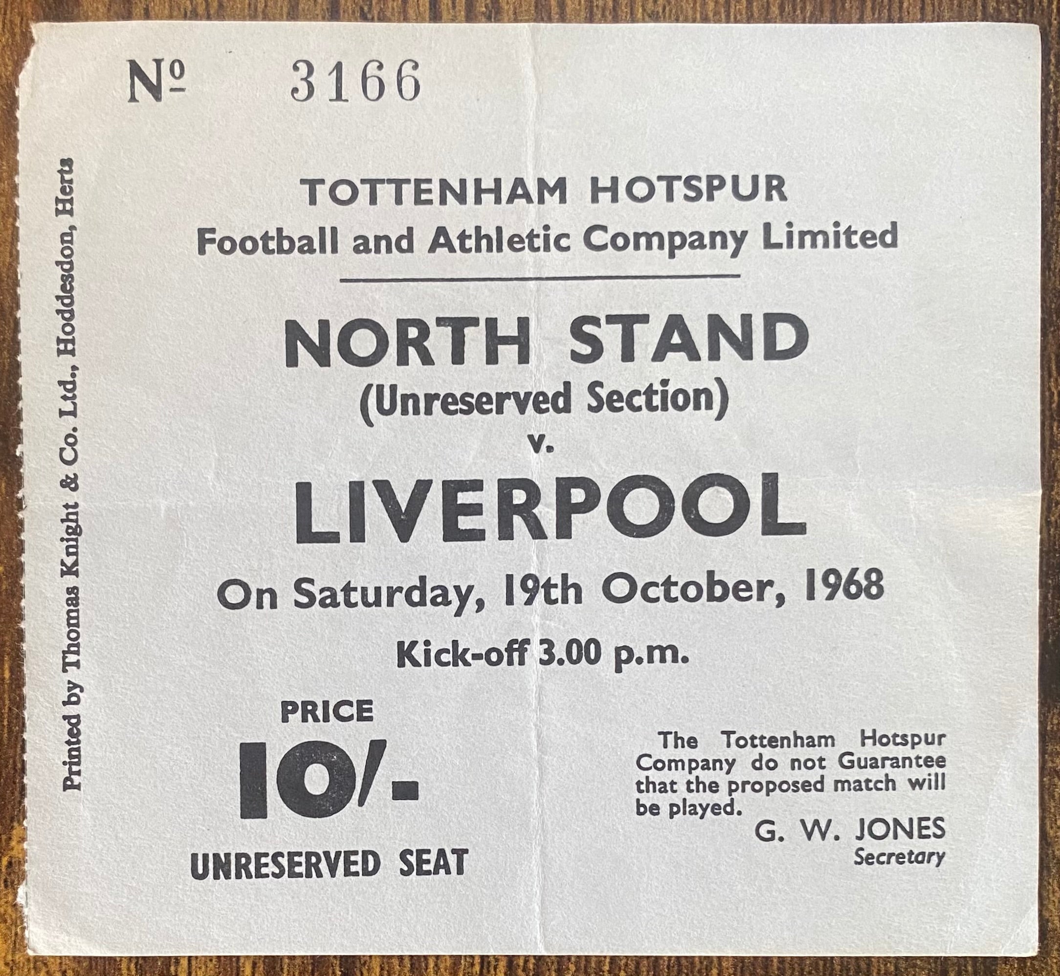 1968/69 ORIGINAL DIVISION ONE TICKET TOTTENHAM HOTSPUR V LIVERPOOL