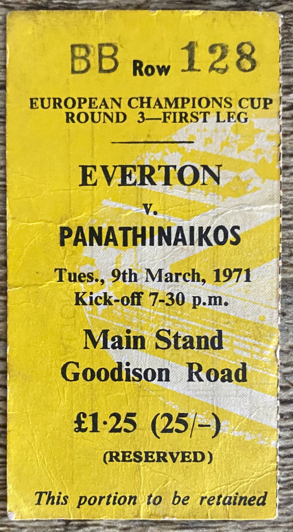 1970/71 ORIGINAL EUROPEAN CUP 3RD ROUND 1ST LEG TICKET EVERTON V PANATHINAIKOS