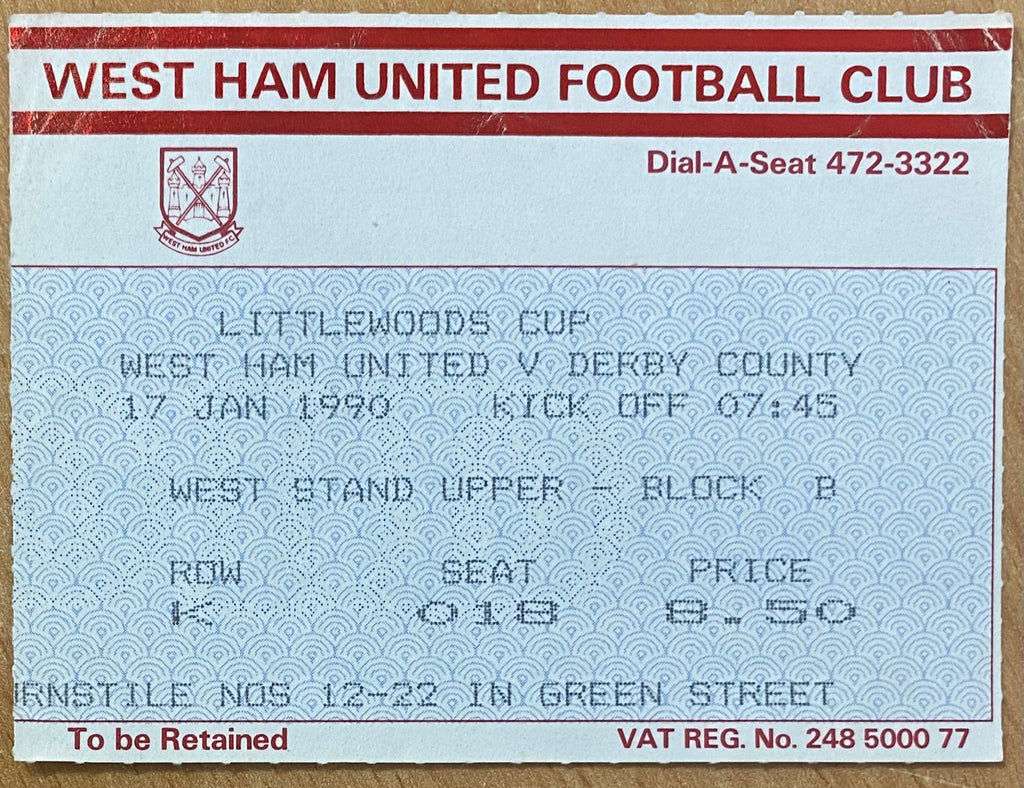 1989/90 ORIGINAL LITTLEWOODS CUP 5TH ROUND TICKET WEST HAM UNITED V DERBY COUNTY