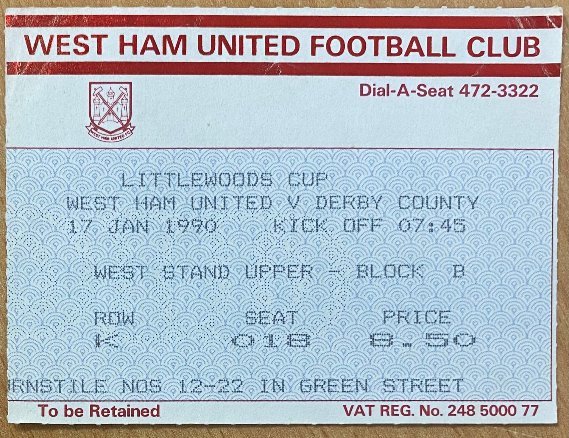 1989/90 ORIGINAL LITTLEWOODS CUP 5TH ROUND TICKET WEST HAM UNITED V DERBY COUNTY