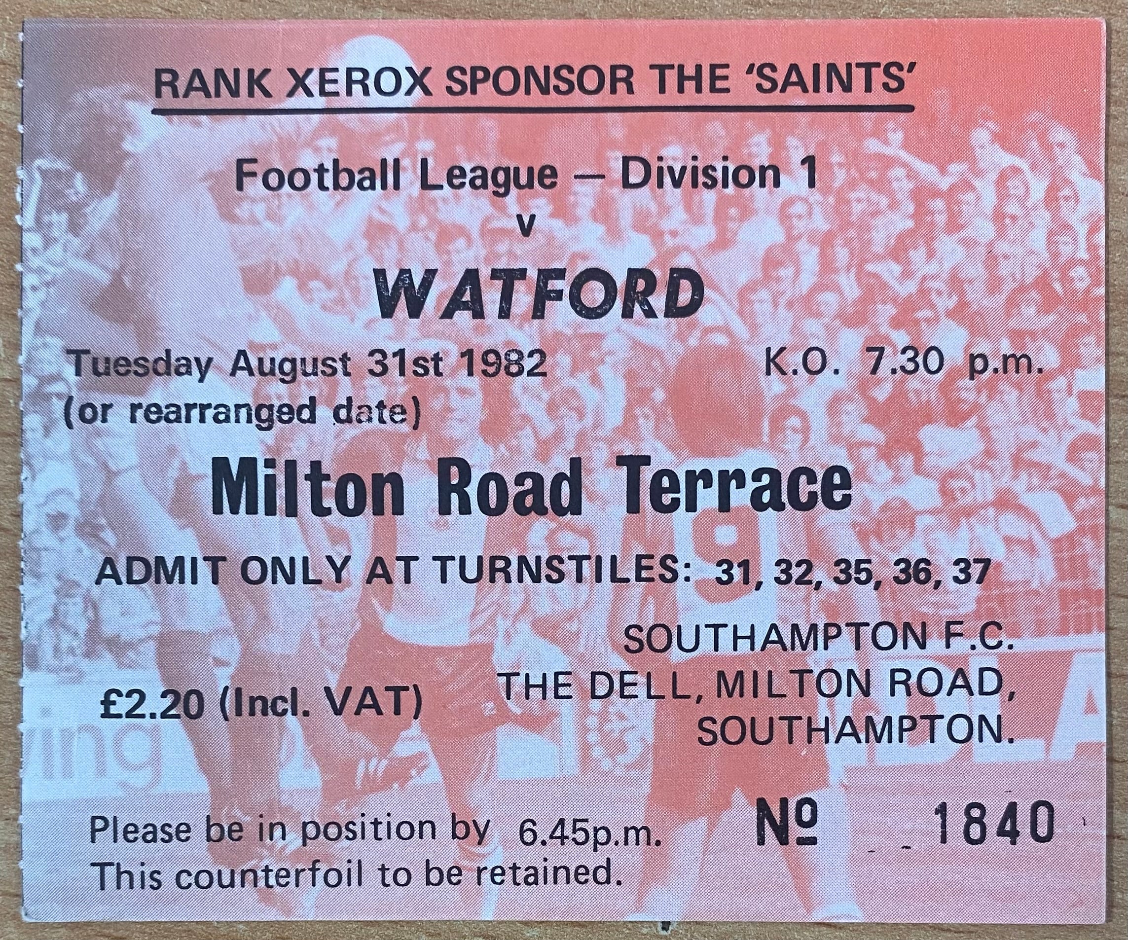 1982/83 ORIGINAL DIVISION ONE TICKET SOUTHAMPTON V WATFORD
