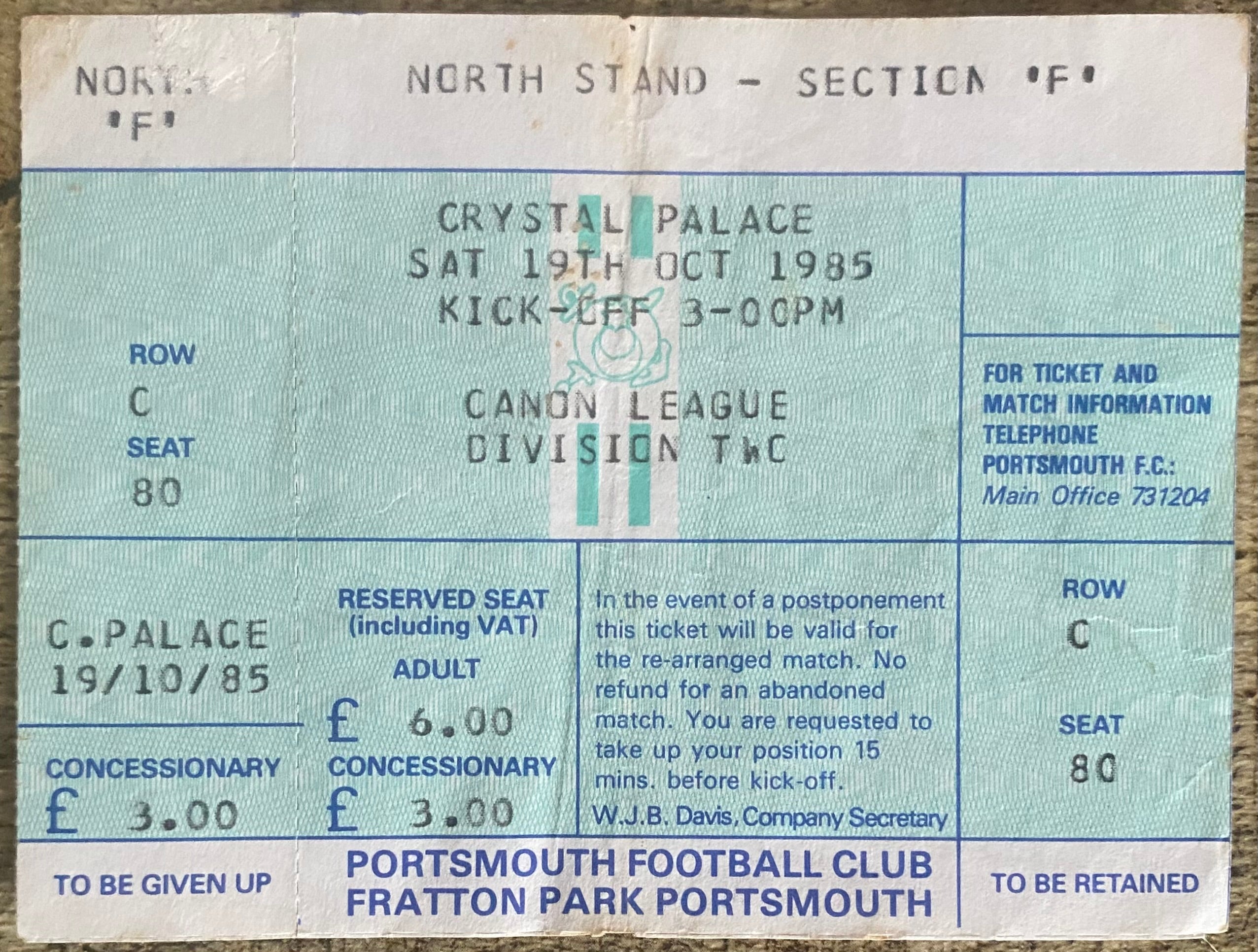 1985/86 ORIGINAL DIVISION 2 UNUSED TICKET PORTSMOUTH V CRYSTAL PALACE