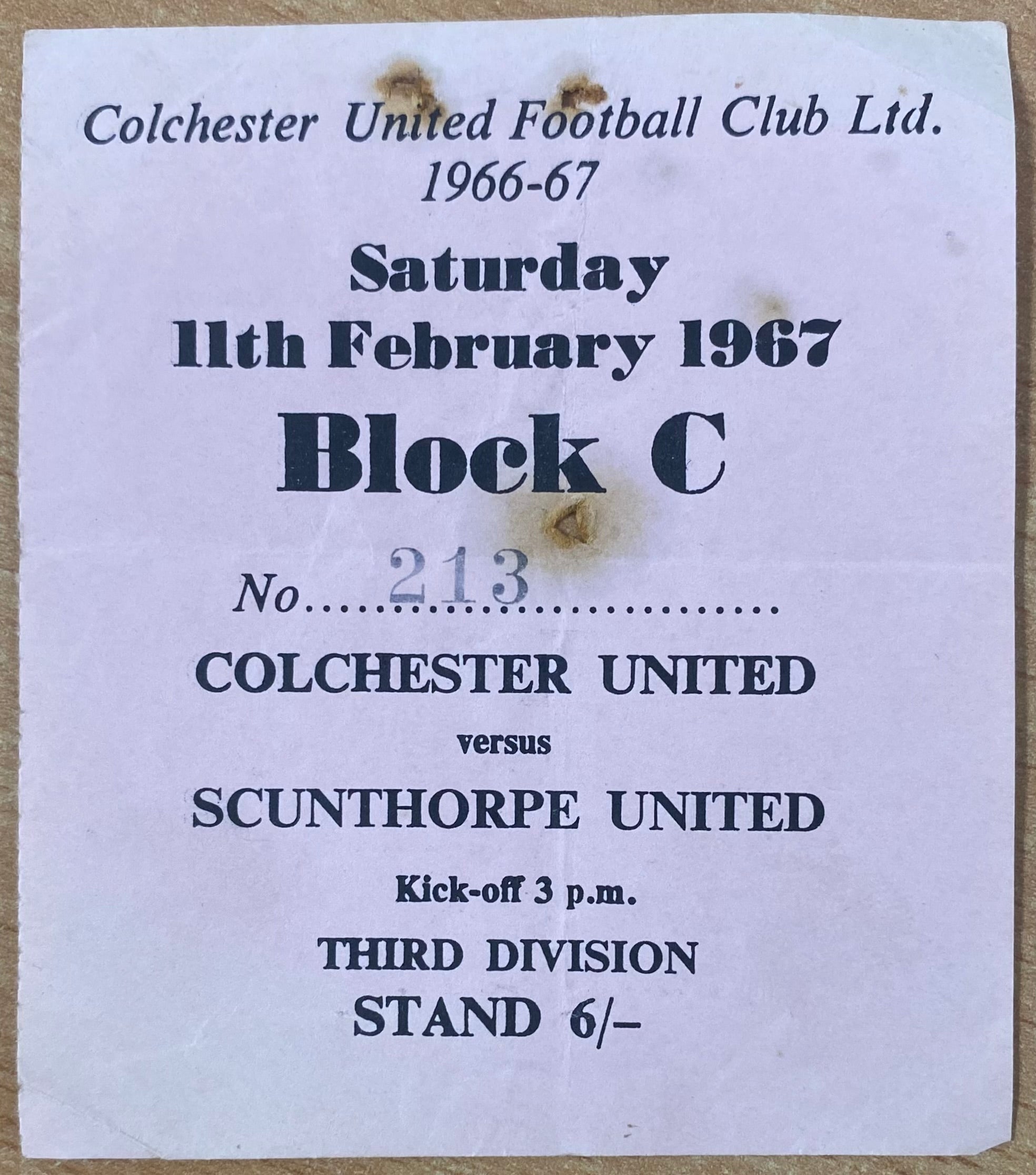 1966/67 ORIGINAL DIVISION 3 TICKET COLCHESTER UNITED V SCUNTHORPE UNITED