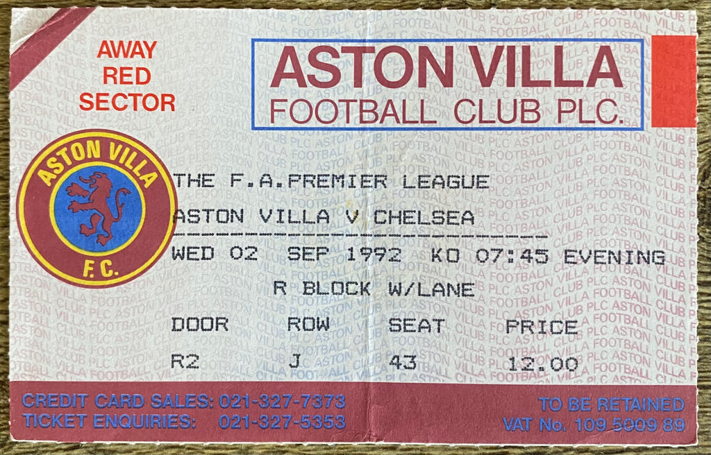1992/93 ORIGINAL PREMIER LEAGUE TICKET ASTON VILLA V CHELSEA