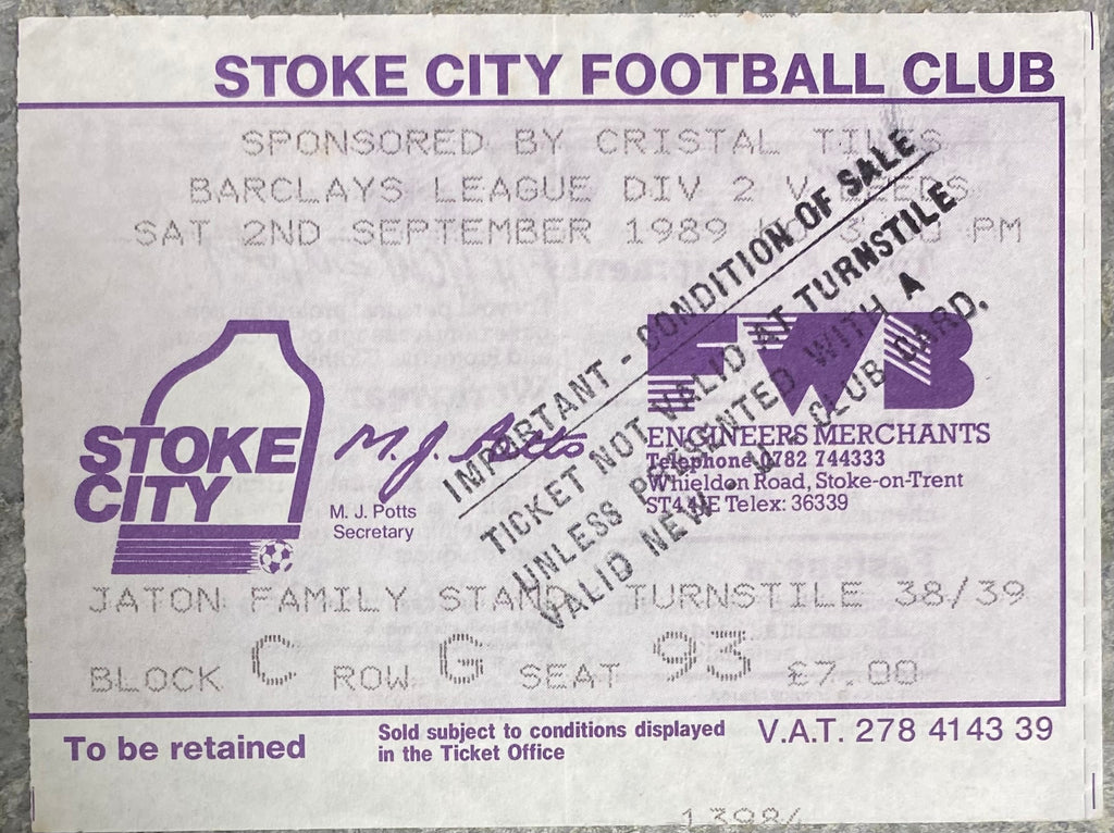 1989/90 ORIGINAL DIVISION TWO TICKET STOKE CITY V LEEDS UNITED