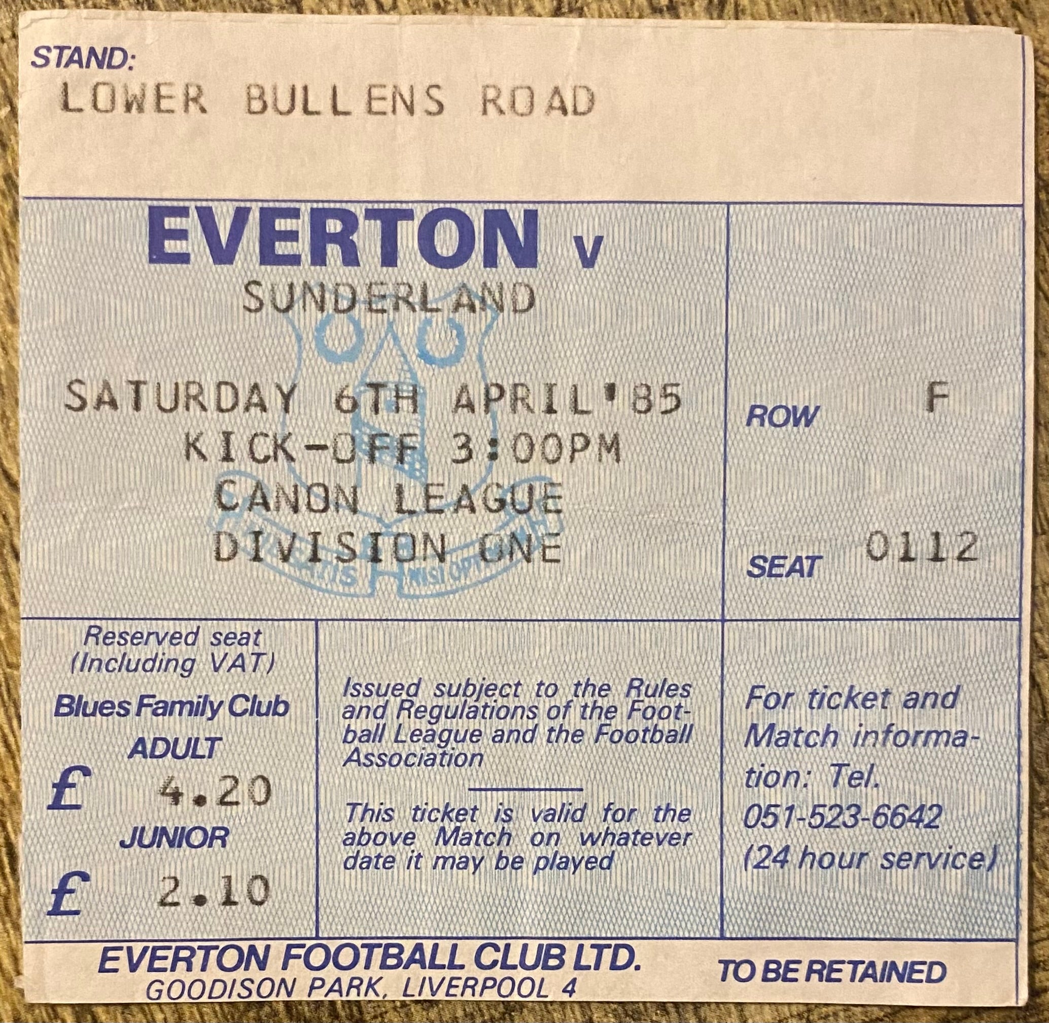 1984/85 ORIGINAL DIVISION ONE TICKET EVERTON V SUNDERLAND