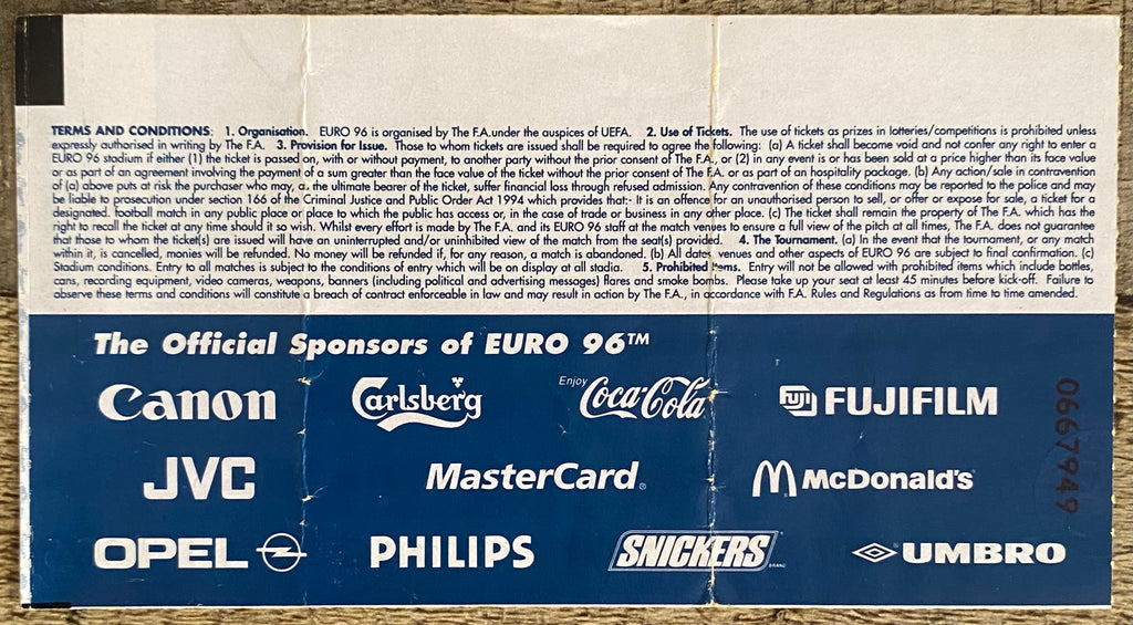 1996 ORIGINAL EUROPEAN CHAMPIONSHIPS EURO 96 QUARTER FINAL TICKET ENGLAND V SPAIN @ WEMBLEY