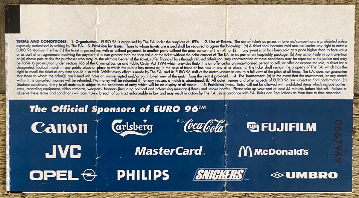 1996 ORIGINAL EUROPEAN CHAMPIONSHIPS EURO 96 QUARTER FINAL TICKET ENGLAND V SPAIN @ WEMBLEY