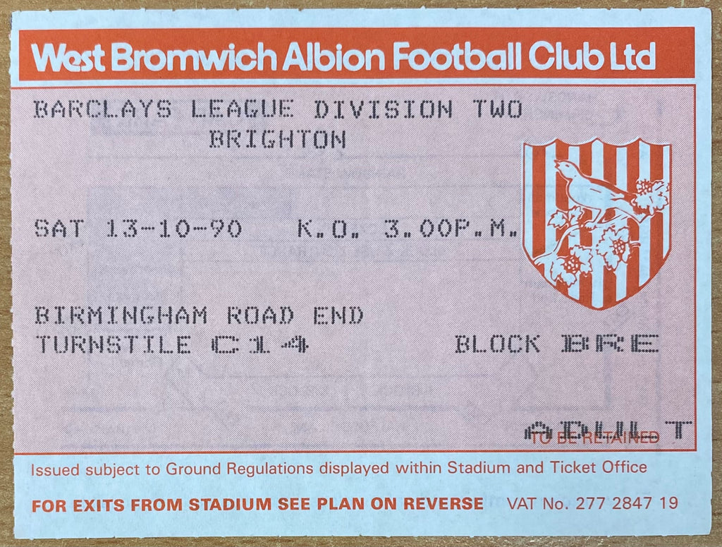 1990/91 ORIGINAL DIVISION 2 TICKET WEST BROMWICH ALBION V BRIGHTON AND HOVE ALBION