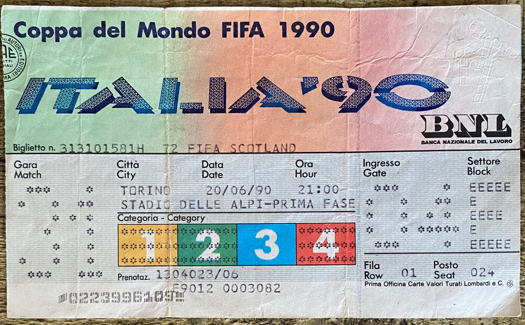 1990 ORIGINAL WORLD CUP 1ST ROUND TICKET SCOTLAND V BRAZIL @ TURIN