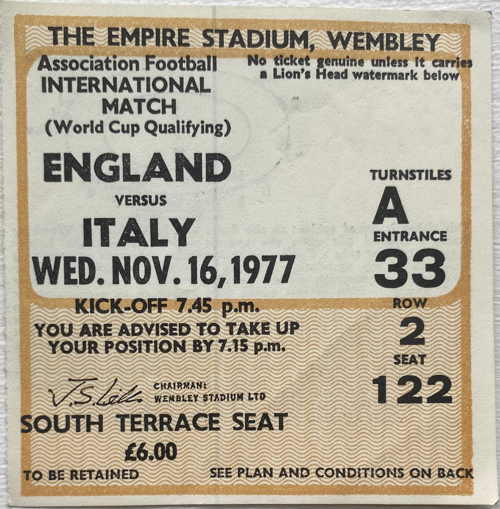 1977 ORIGINAL WORLD CUP QUALIFYING TICKET ENGLAND V ITALY
