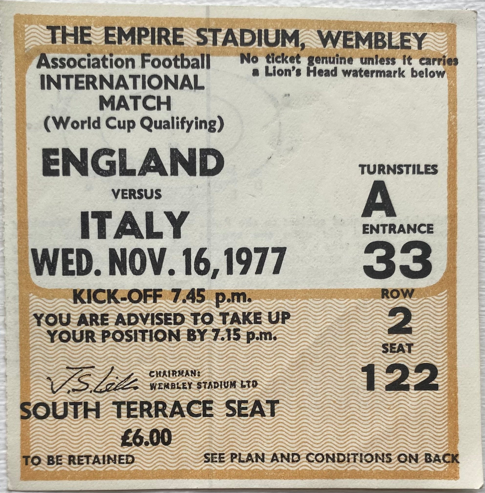 1977 ORIGINAL WORLD CUP QUALIFYING TICKET ENGLAND V ITALY