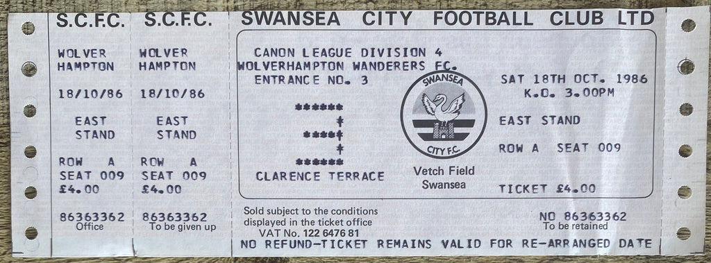 1986/87 ORIGINAL DIVISION 4 UNUSED TICKET SWANSEA CITY V WOLVERHAMPTON WANDERERS