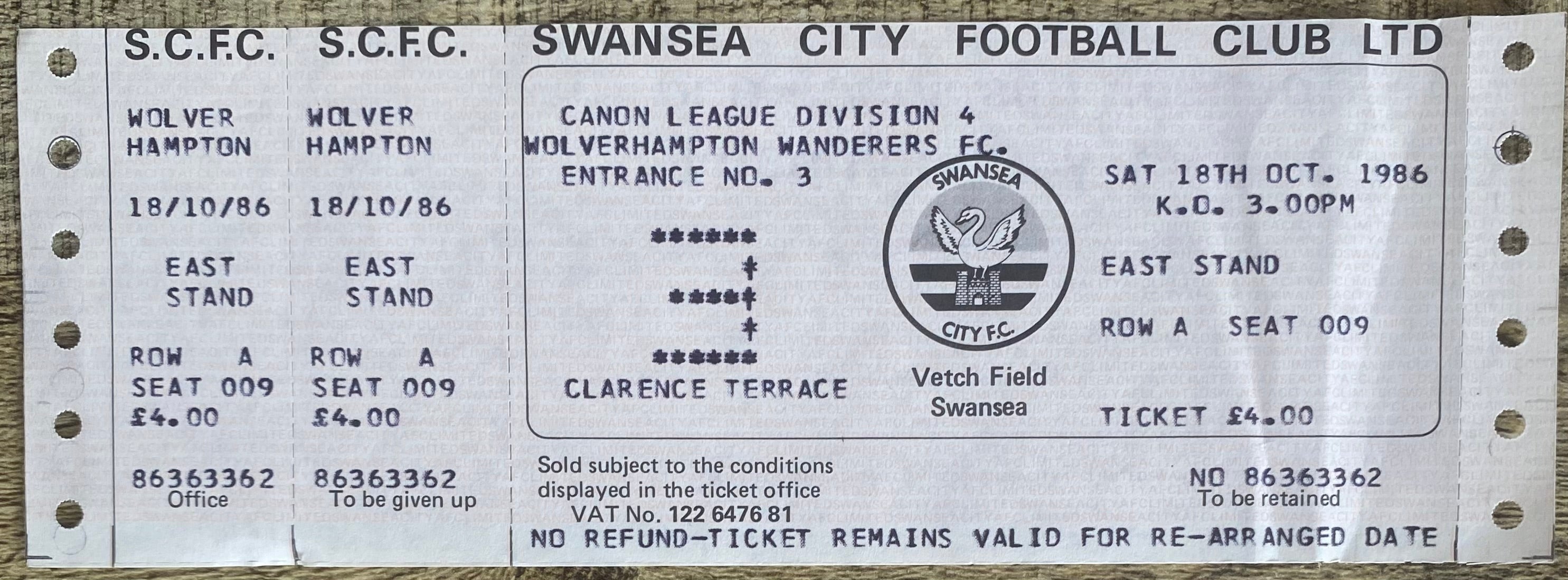 1986/87 ORIGINAL DIVISION 4 UNUSED TICKET SWANSEA CITY V WOLVERHAMPTON WANDERERS