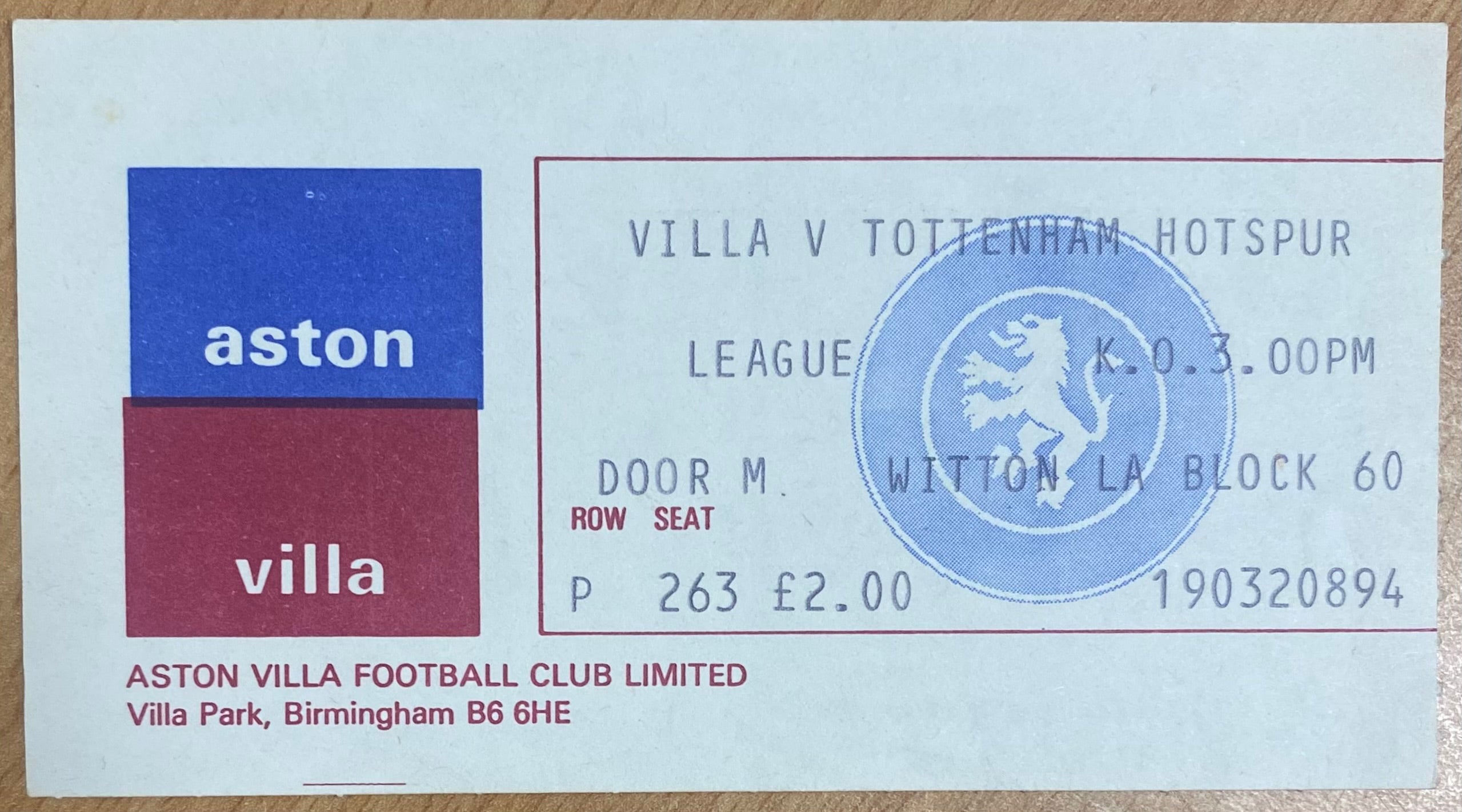 1978/79 ORIGINAL DIVISION 1 TICKET ASTON VILLA V TOTTENHAM HOTSPUR
