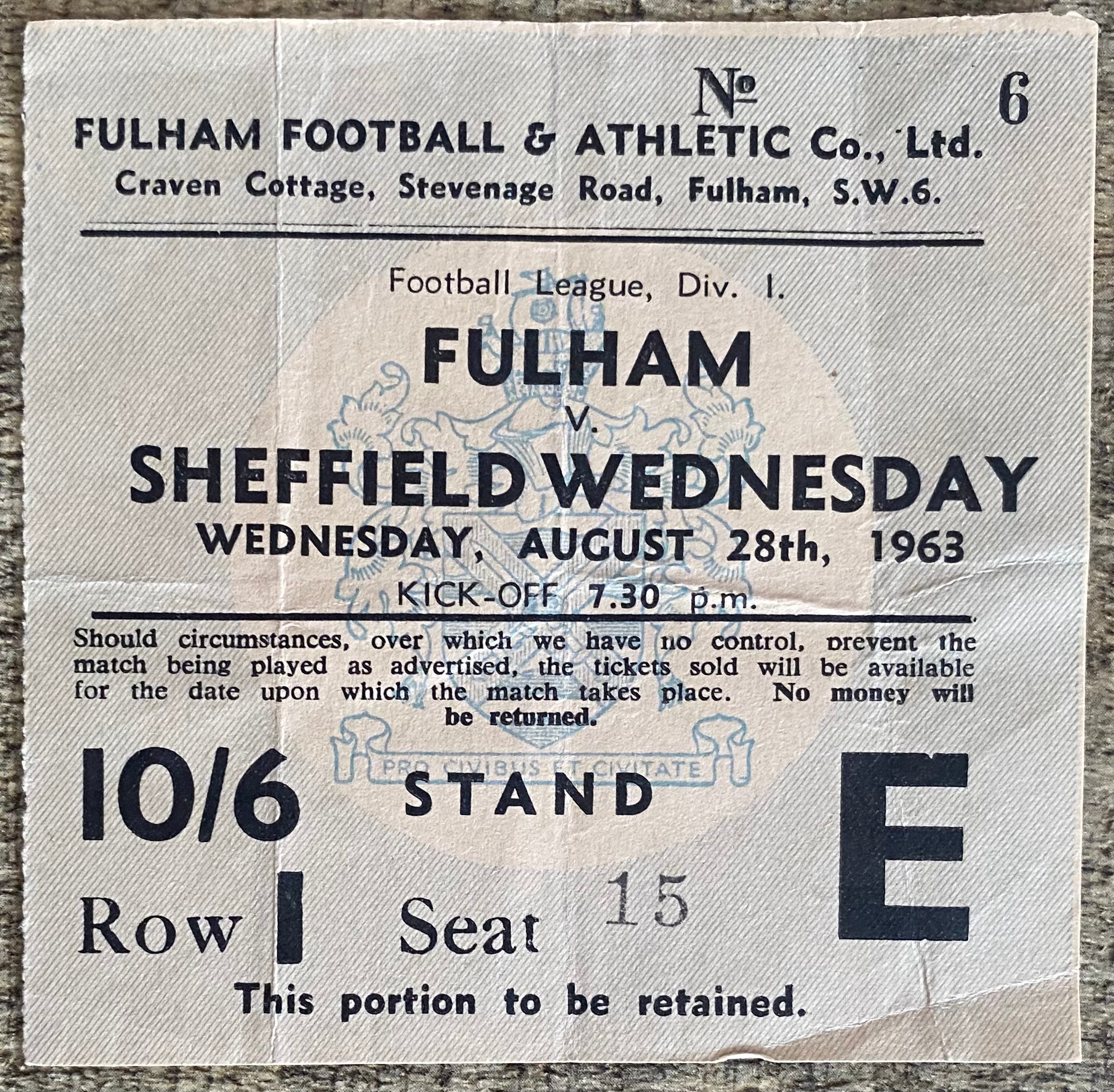 1963/64 ORIGINAL DIVISION 1 TICKET FULHAM V SHEFFIELD WEDNESDAY