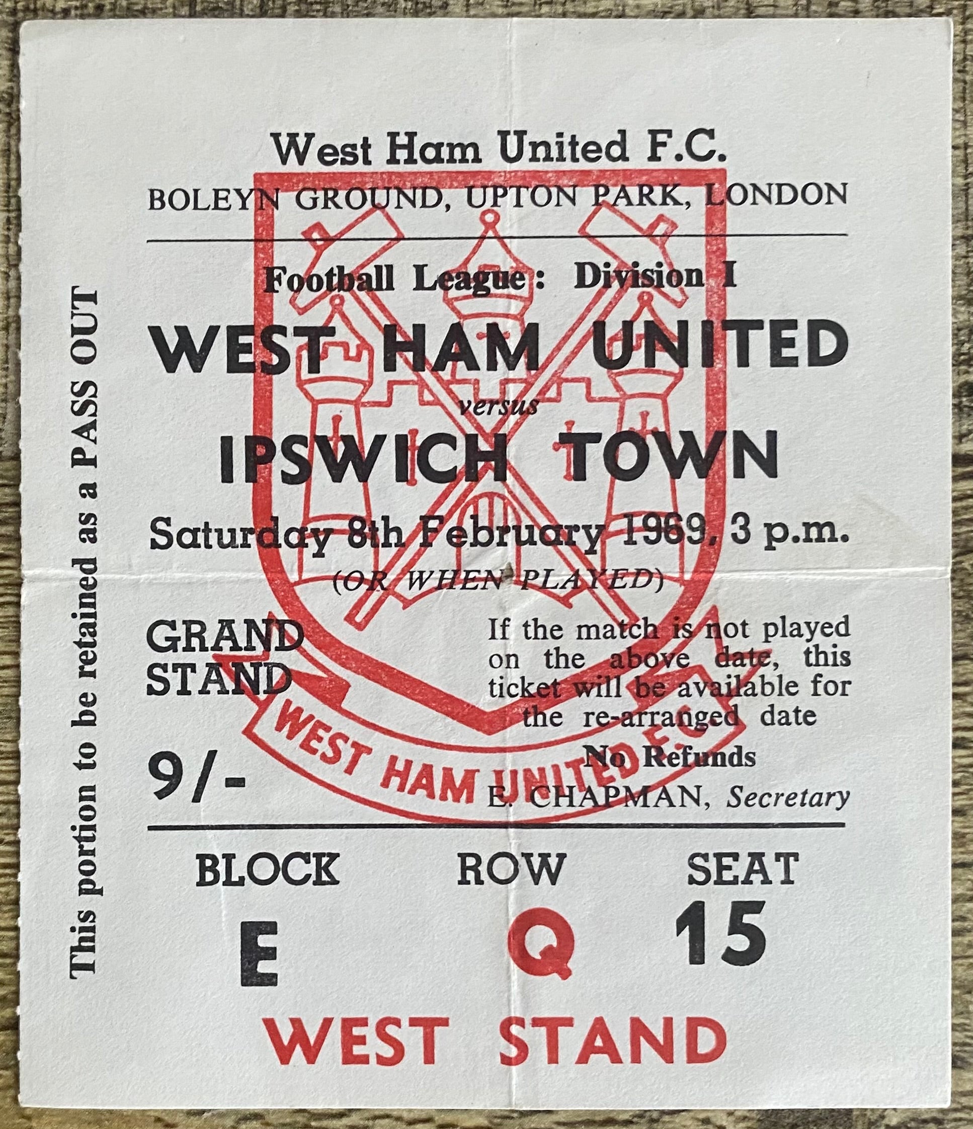 1968/69 ORIGINAL DIVISION 1 TICKET WEST HAM UNITED V IPSWICH TOWN