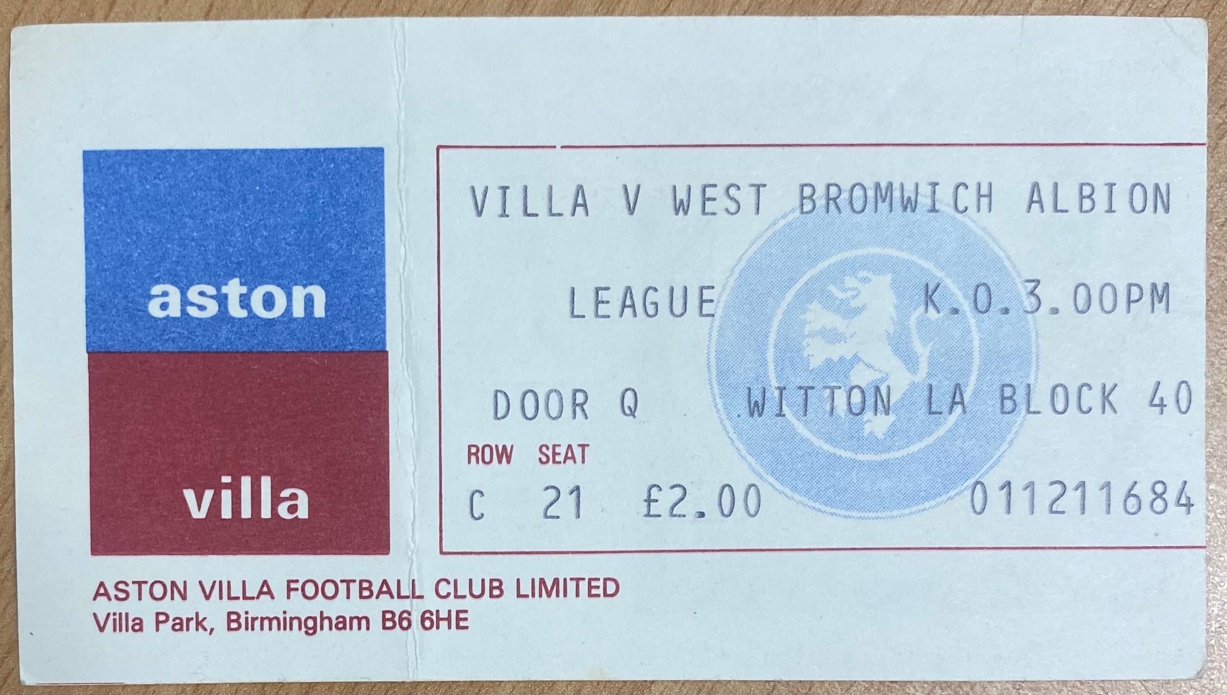 1979/80 ORIGINAL DIVISION 1 TICKET ASTON VILLA V WEST BROMWICH ALBION