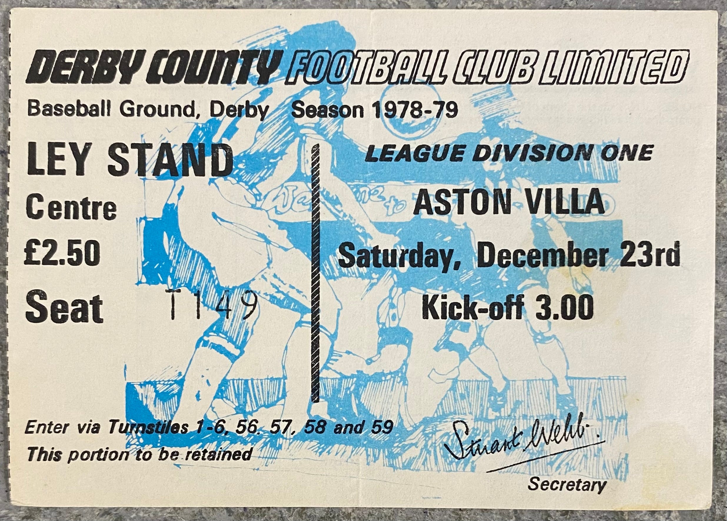 1978/79 ORIGINAL DIVISION 1 TICKET DERBY COUNTY V ASTON VILLA