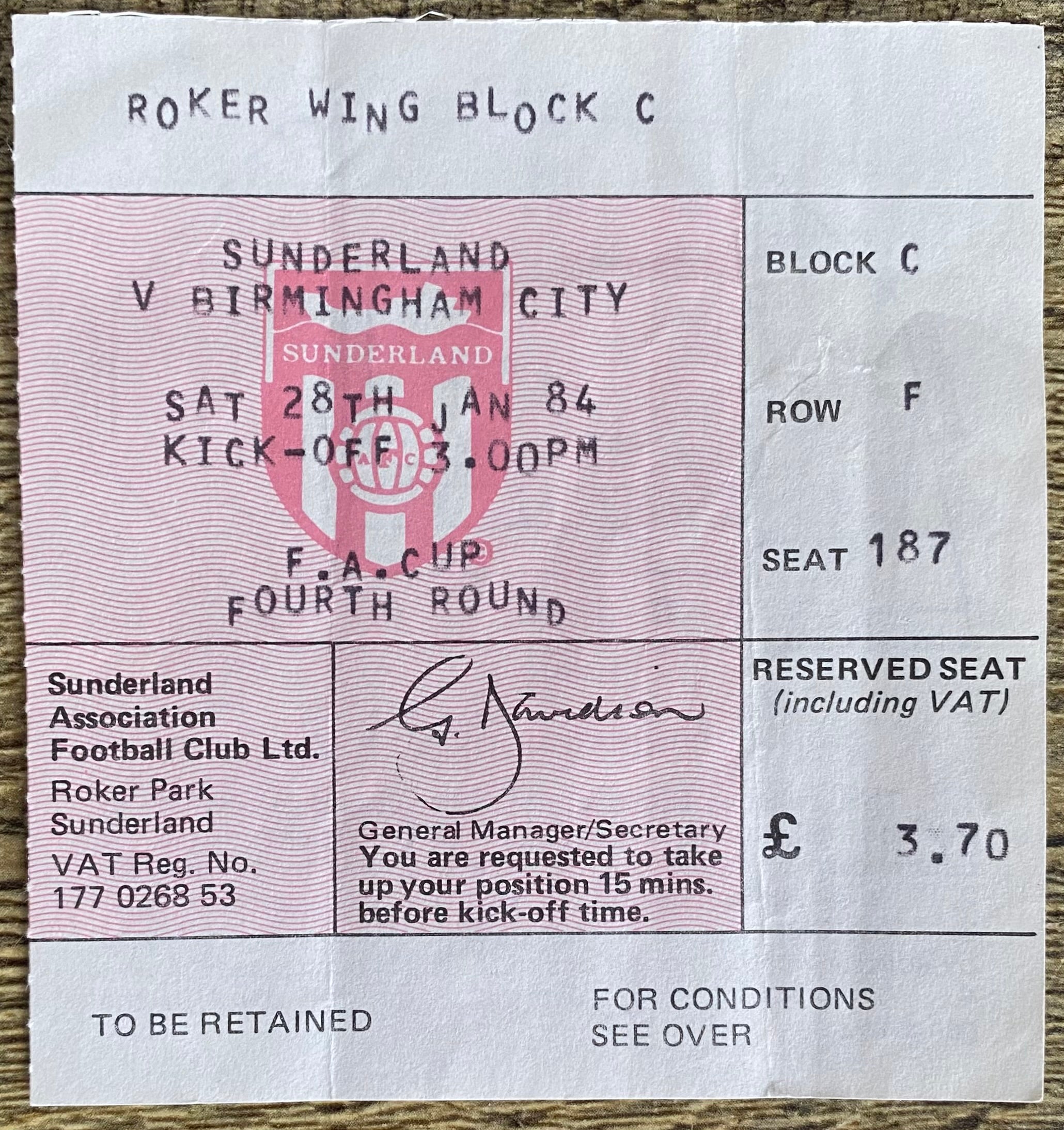 1983/84 ORIGINAL FA CUP 3RD ROUND TICKET SUNDERLAND V BIRMINGHAM CITY