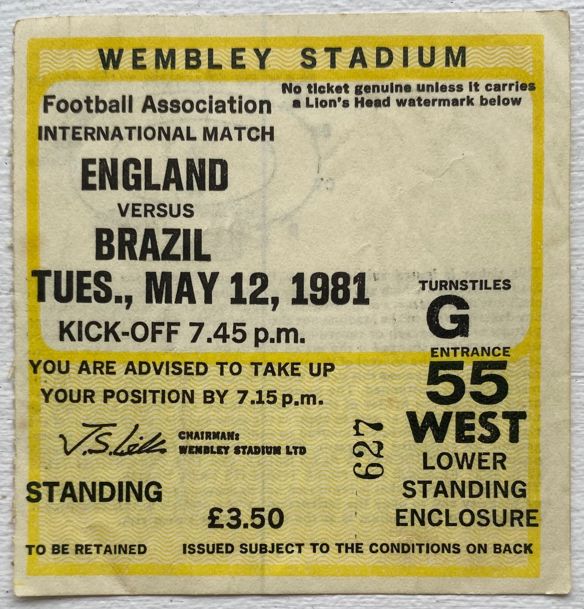 1981 ORIGINAL INTERNATIONAL TICKET ENGLAND V BRAZIL