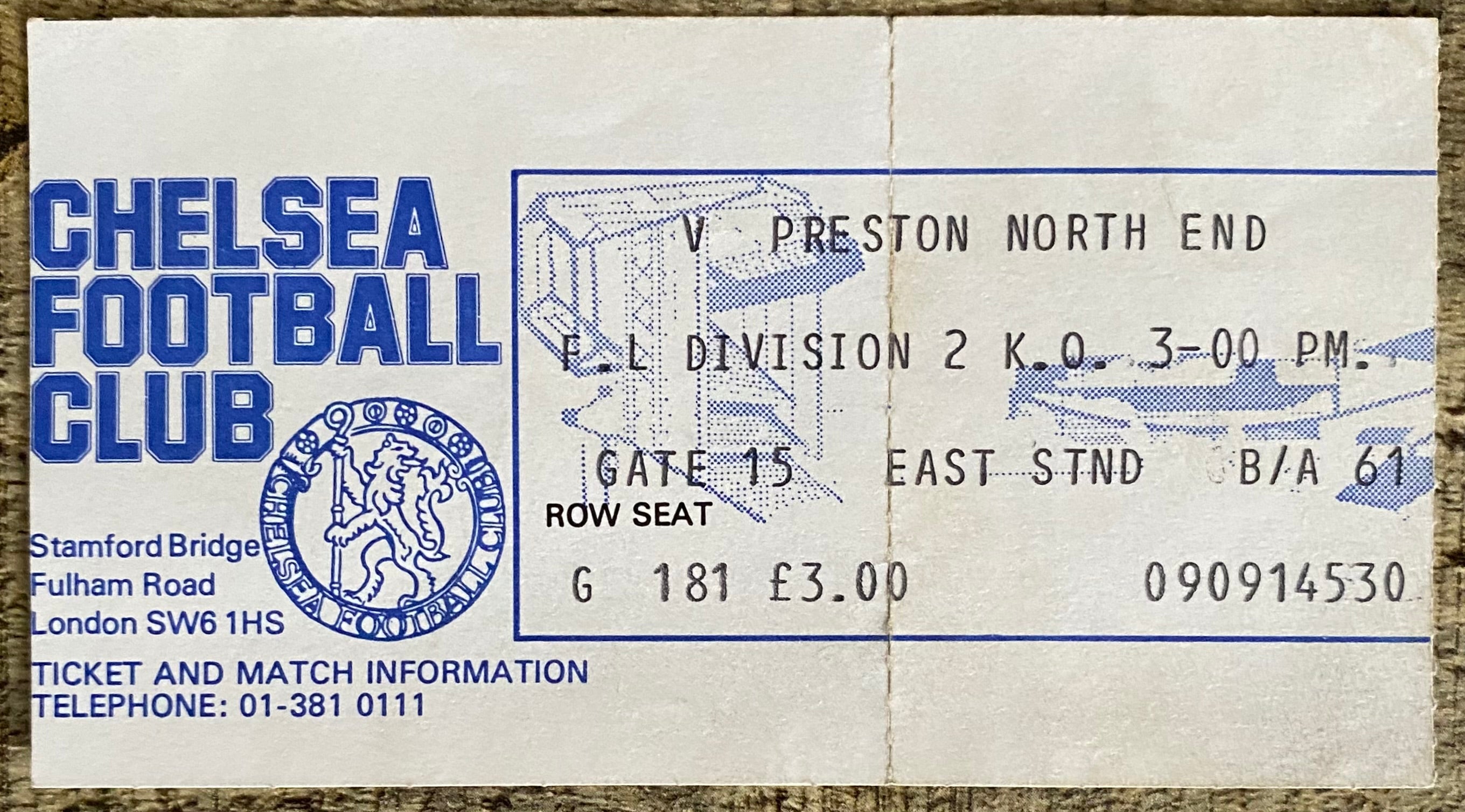 1980/81 ORIGINAL DIVISION 2 TICKET CHELSEA V PRESTON NORTH END
