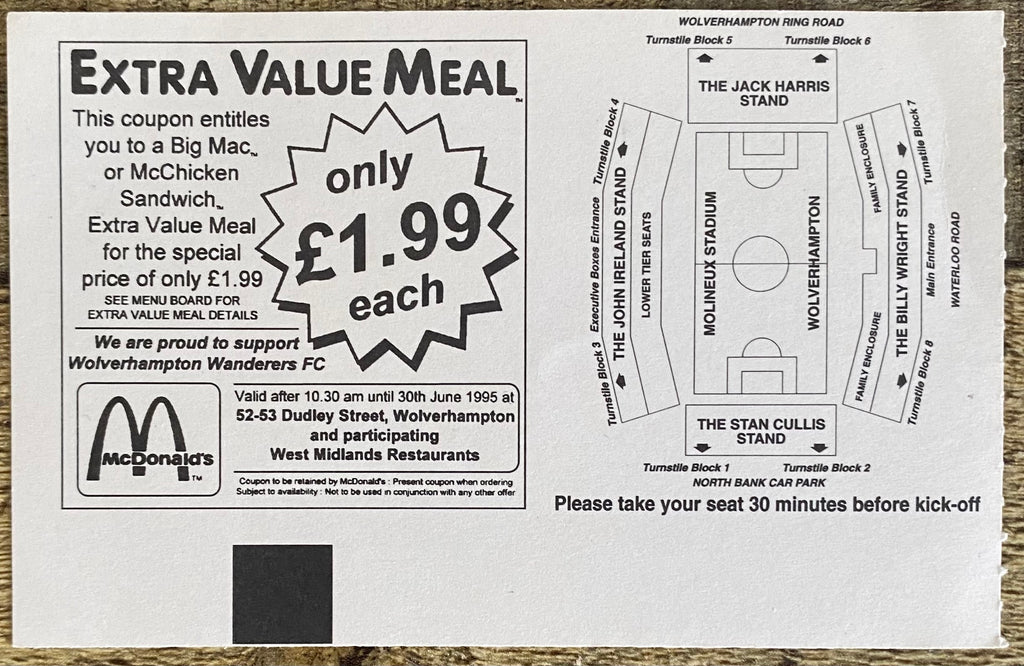 1994/95 ORIGINAL ANGLO ITALIAN CUP TICKET WOLVERHAMPTON WANDERERS V ATALANTA