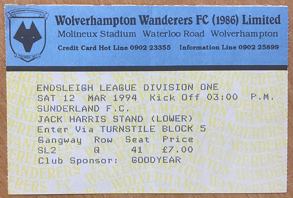 1993/94 ORIGINAL DIVISION 1 TICKET WOLVERHAMPTON WANDERERS V SUNDERLAND