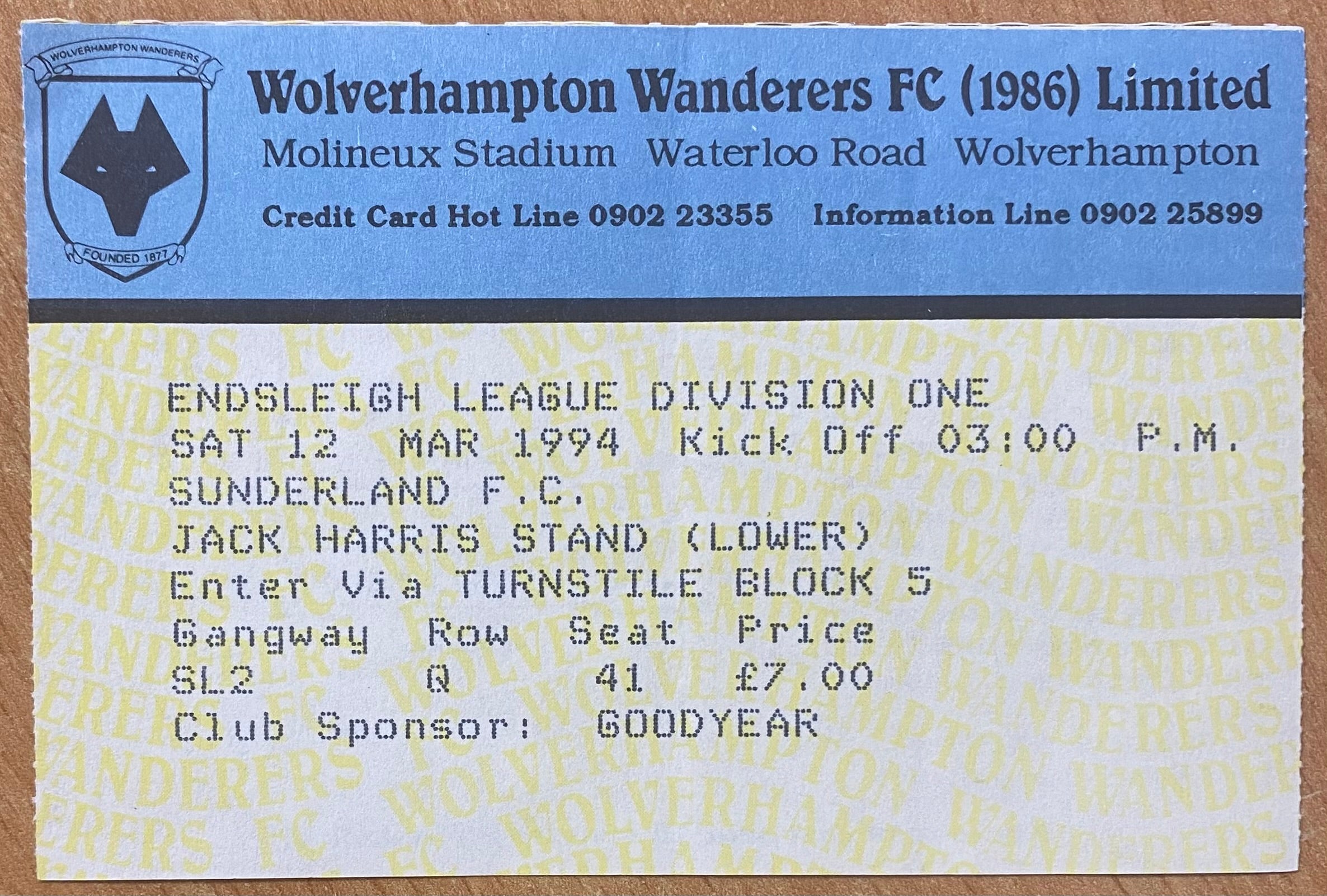 1993/94 ORIGINAL DIVISION 1 TICKET WOLVERHAMPTON WANDERERS V SUNDERLAND