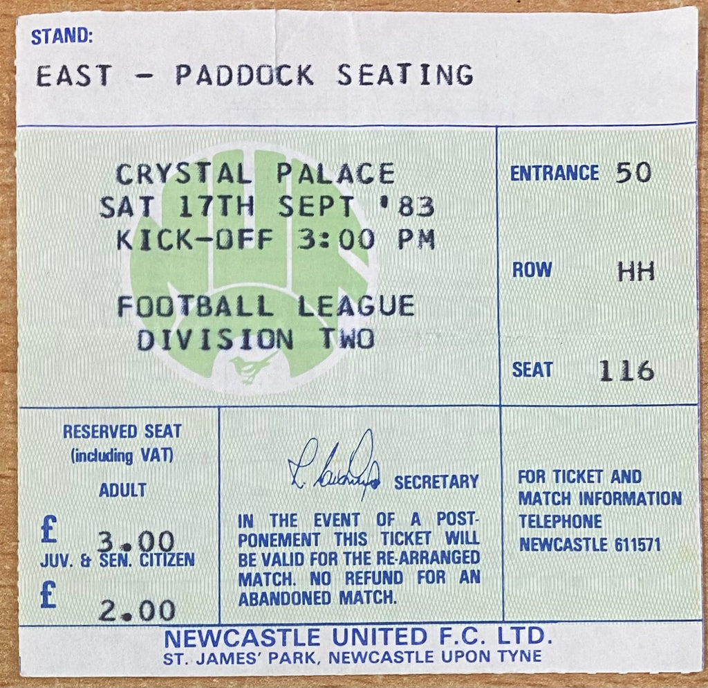 1983/84 ORIGINAL DIVISION 2 TICKET NEWCASTLE UNITED V CRYSTAL PALACE