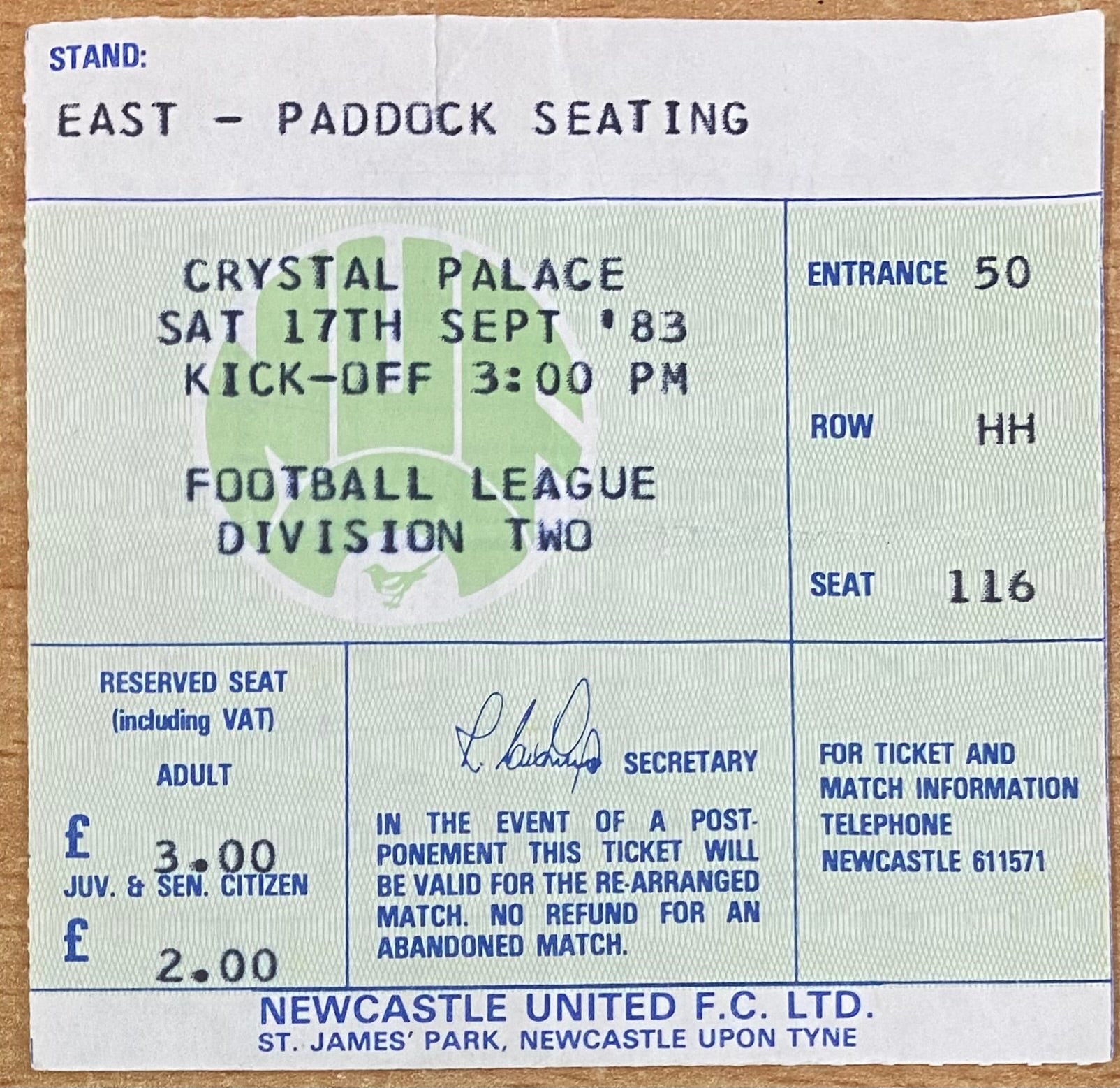 1983/84 ORIGINAL DIVISION 2 TICKET NEWCASTLE UNITED V CRYSTAL PALACE