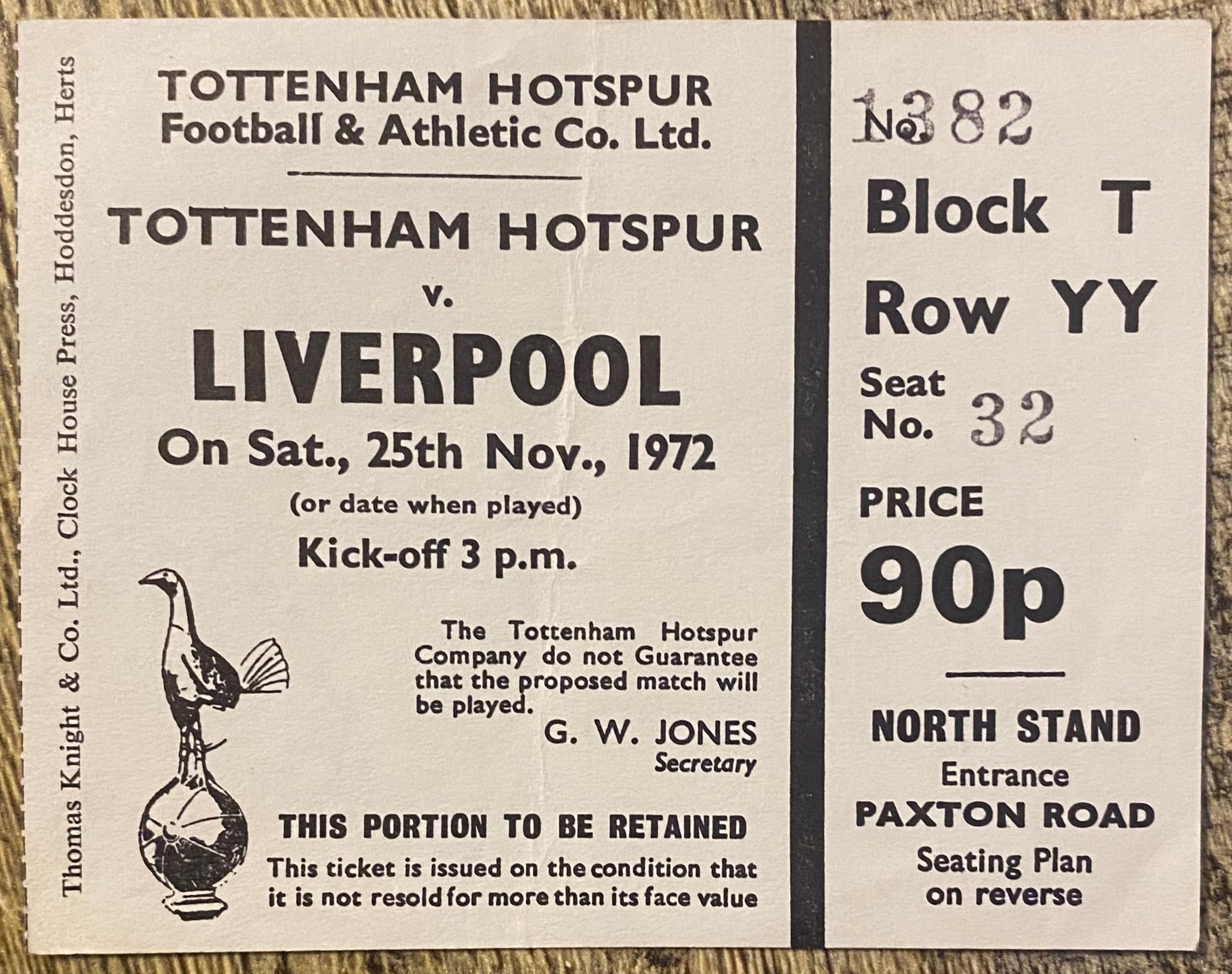 1972/73 ORIGINAL DIVISION ONE TICKET TOTTENHAM HOTSPUR V LIVERPOOL
