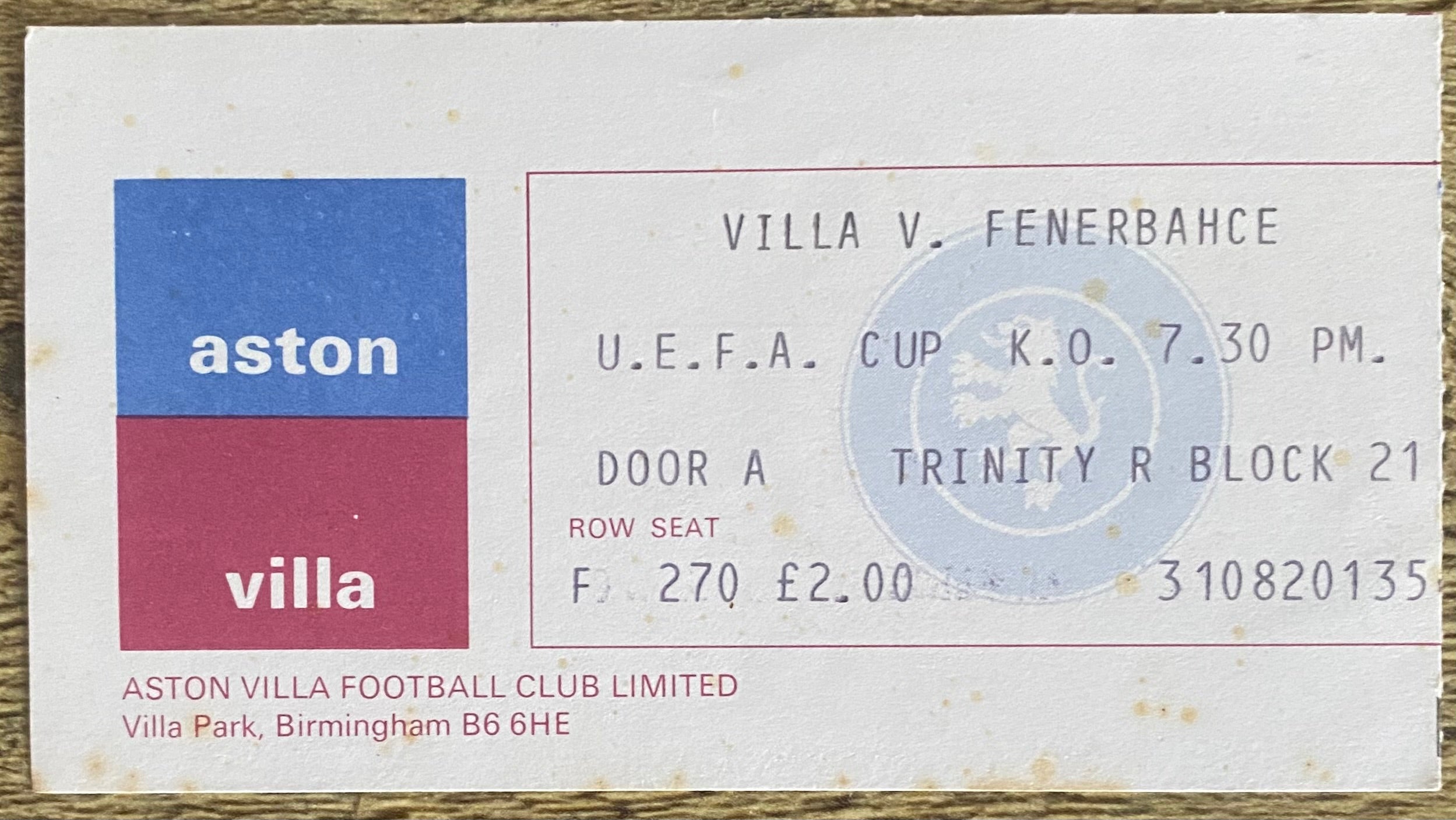 1977/78 ORIGINAL UEFA CUP 1ST ROUND 1ST LEG TICKET ASTON VILLA V FENERBAHCE