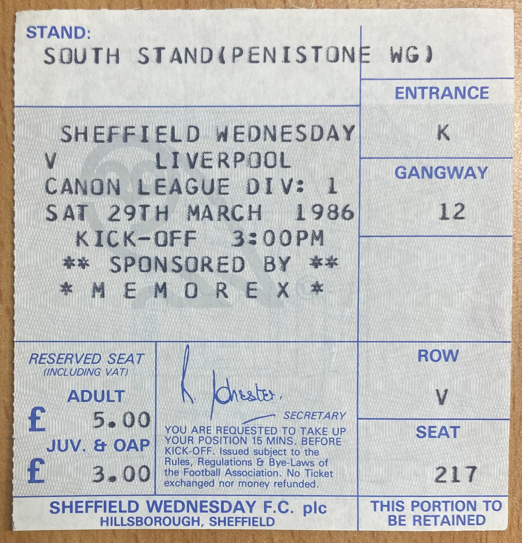 1985/86 ORIGINAL DIVISION 1 TICKET SHEFFIELD WEDNESDAY V LIVERPOOL
